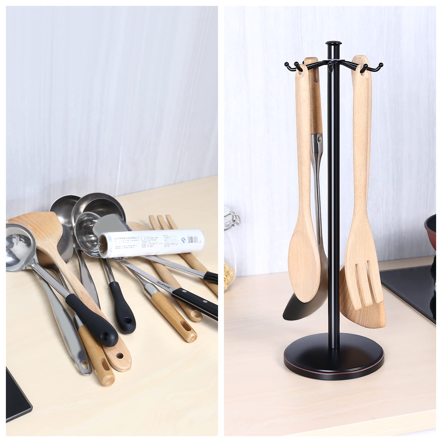 Mayzolop Kitchen Countertop Utensil Holder, Stainless Steel Rotatable Cooking Utensils Holder With 8 Rotating Hooks, Hanging Org