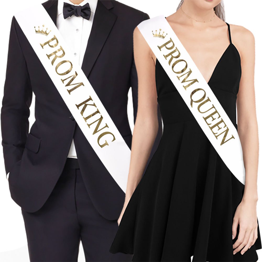 Ttcorock ''Prom King'' And ''Prom Queen'' Sashes - Graduation Party School Party Accessories, White With Gold Print