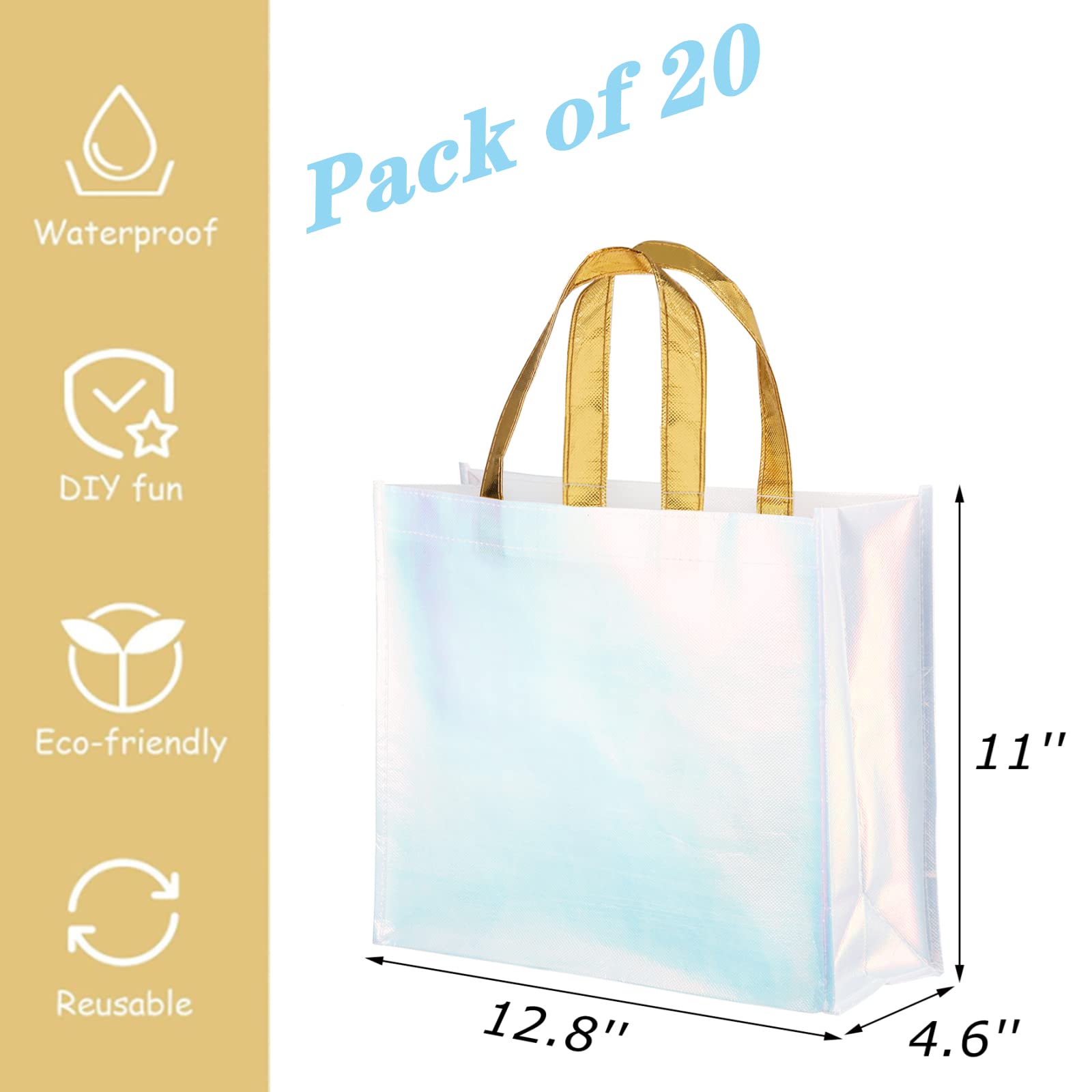 Lyellfe 20 Pieces Glossy Reusable Grocery Bag, Non Woven Blue Gift Bag With Handles, Fashionable Bridesmaid Tote Bag, Durable Sh