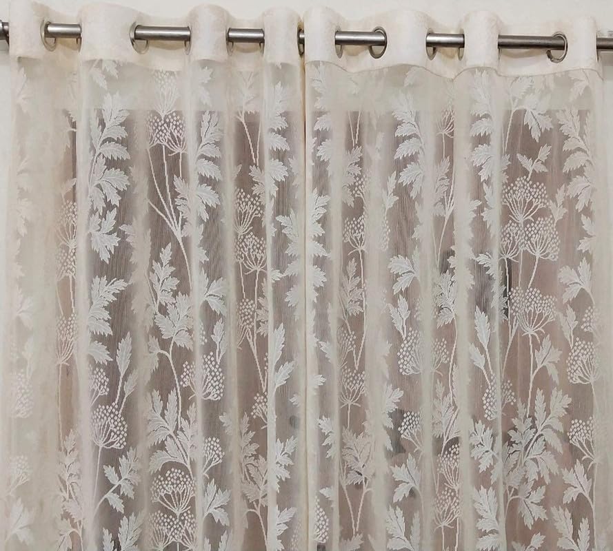 Honger White Floral Net Curtains | Polyester Heavy Tissue Fabric | 4X5 Feet Window Curtains | Decorative Sheer | Pack Of 2