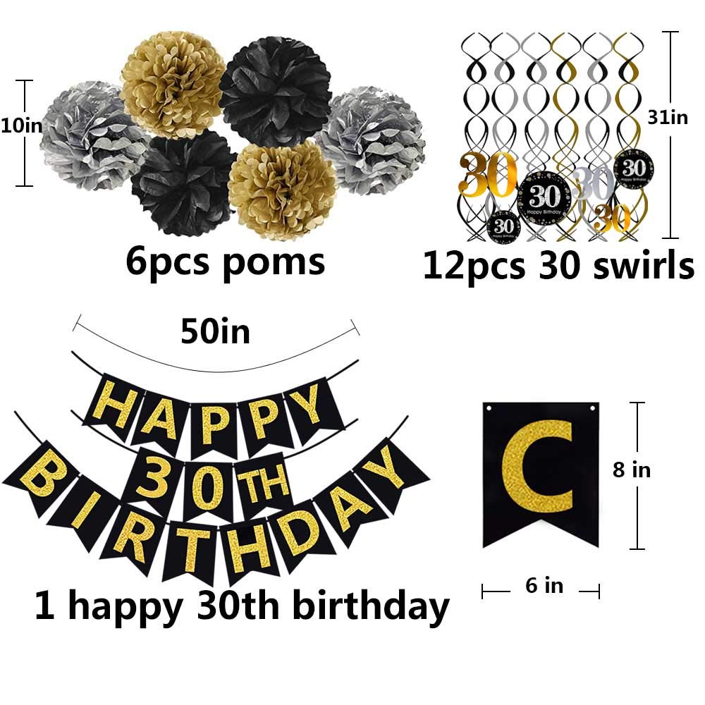 Famoby Black & Gold Glittery Happy 30Th Birthday Banner,Poms,Sparkling 30 Hanging Swirls Kit For 30Th Birthday Party 30Th Annive