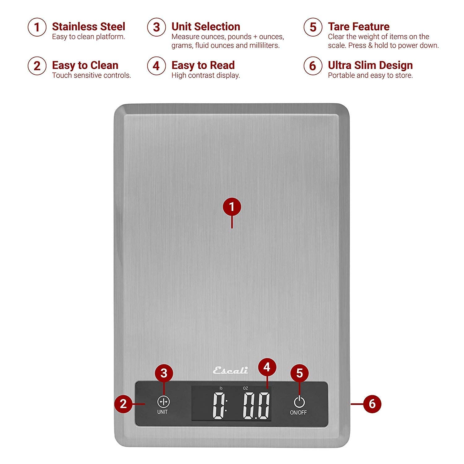 Escali T115S Ultra Thin Kitchen, Office, Herb Scale, Tare Functionality, Lcd Digital Display, 11Lb Capacity, Silver