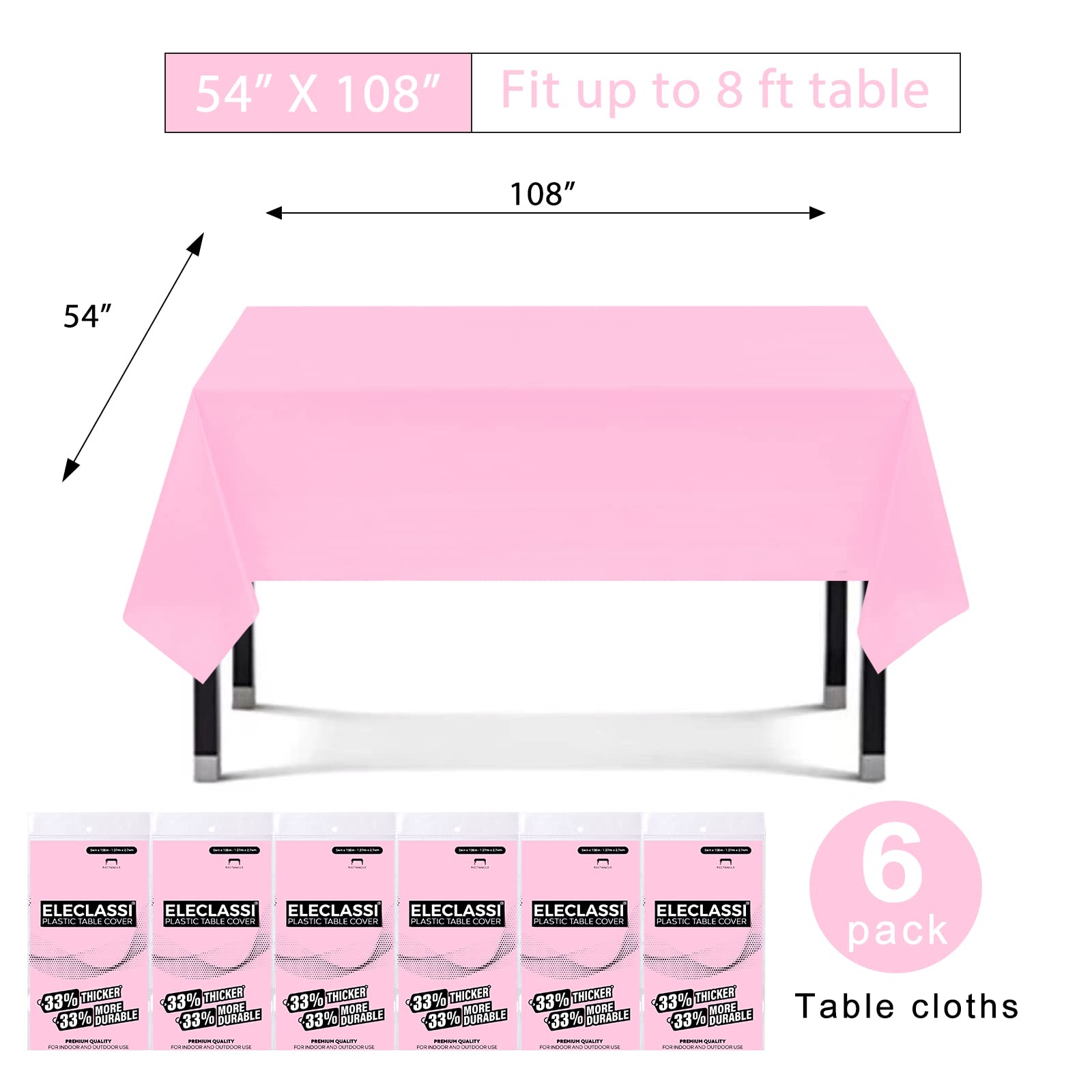 Pink 6 Pack Premium Disposable Plastic Tablecloth 54 x 108 In - Plastic Table Cloths for Parties Disposable Tablecloth for Rectangle Tables Up To 8 Ft - Rectangle Tablecloth - Pink Tablecloth