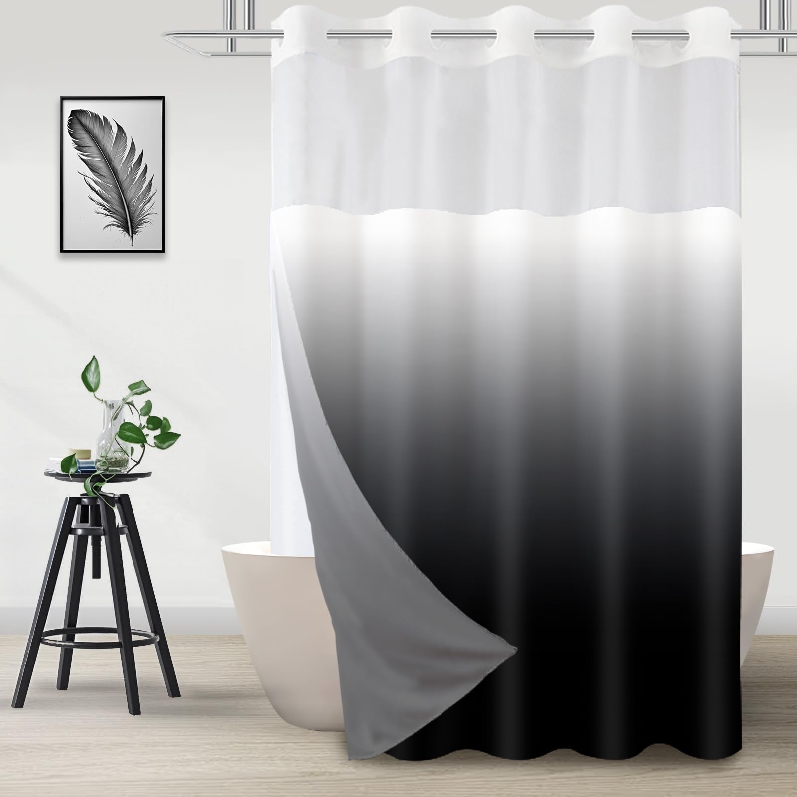 Twlsncd No Hook Ombre Brown Shower Curtain With Snap In Fabric Liner Set, Modern Hotel Style Design For Bathroom, Double Layer R