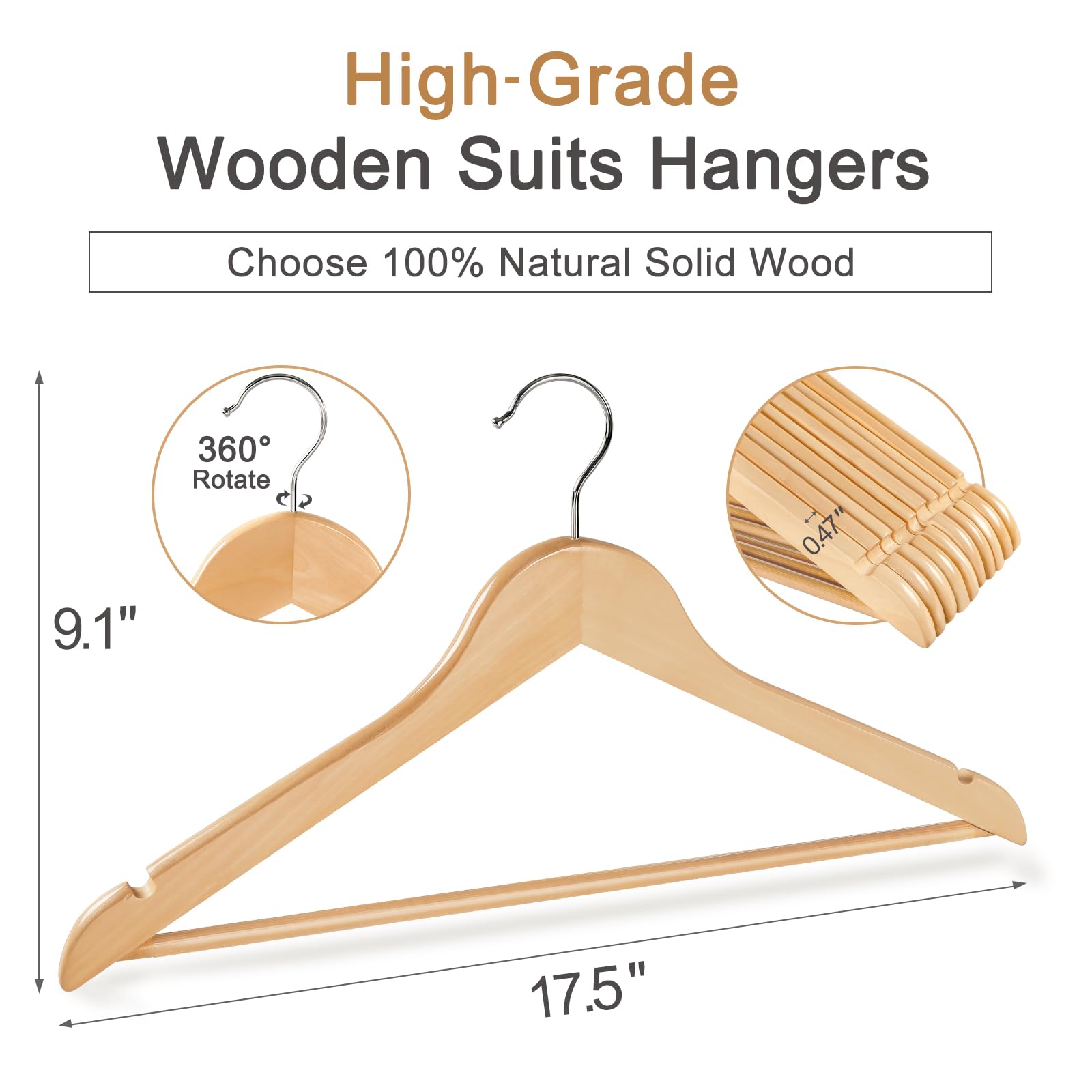 Topia Hanger Wooden Hangers 30 Pack, Natural Wood Clothes Hangers, Durable Coat Hanger With 360-Degree Rotatable Hook, Non-Slip