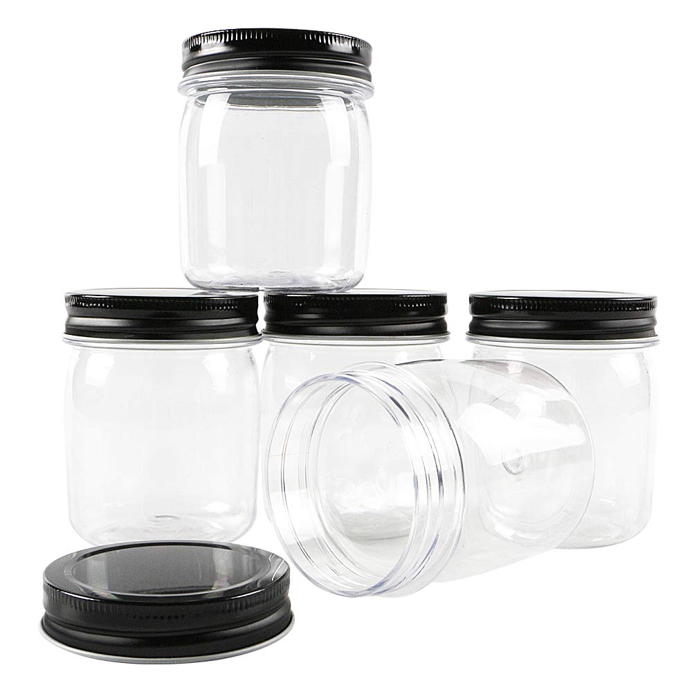Novelinks 8 Ounce Clear Plastic Jars With Black Lids - Refillable Round Clear Containers Clear Jars Storage Containers For Kitch