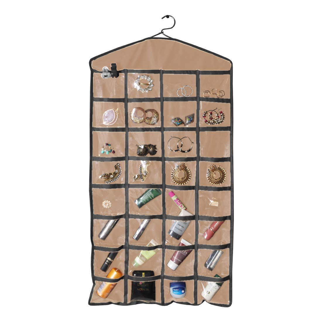 Prettykrafts Hanging Jewellery Organizer, Front & Back Twin Sided Jewellery & Accessories Organizer, Beige