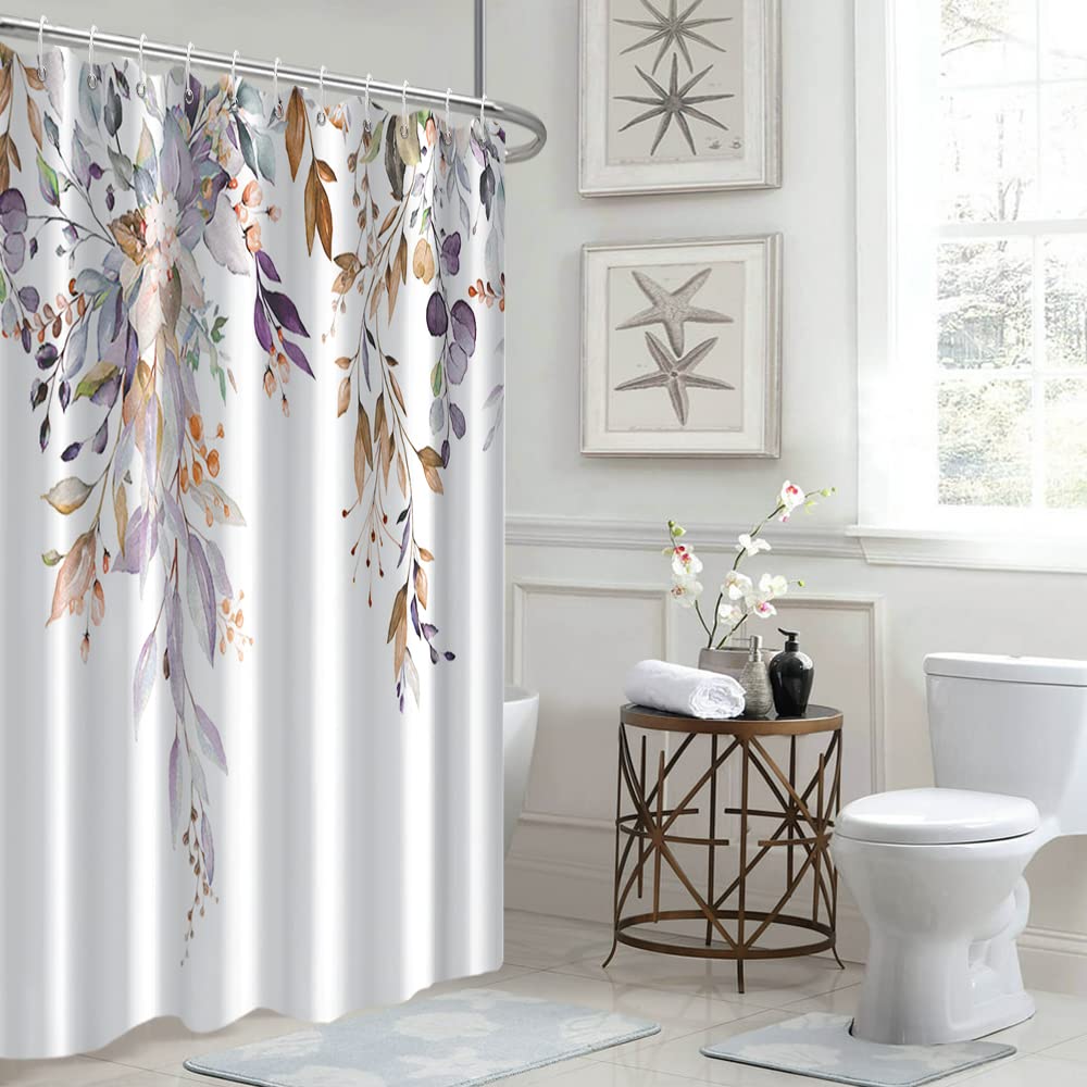 Ruelvth Purple Eucalyptus Shower Curtain, Spring Watercolor Plant Leaves With Floral Shower Curtain For Bathroom Waterproof Fabr