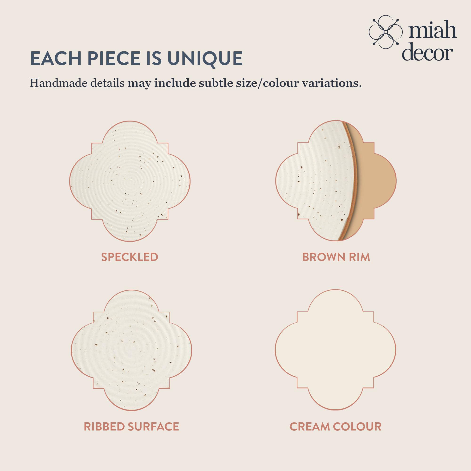 Miah Decor Ceramic Quarter Plates Snack Plates Set Of 4 Handcrafted Stoneware Off-White With Brown Rim & Grains Serving Platter