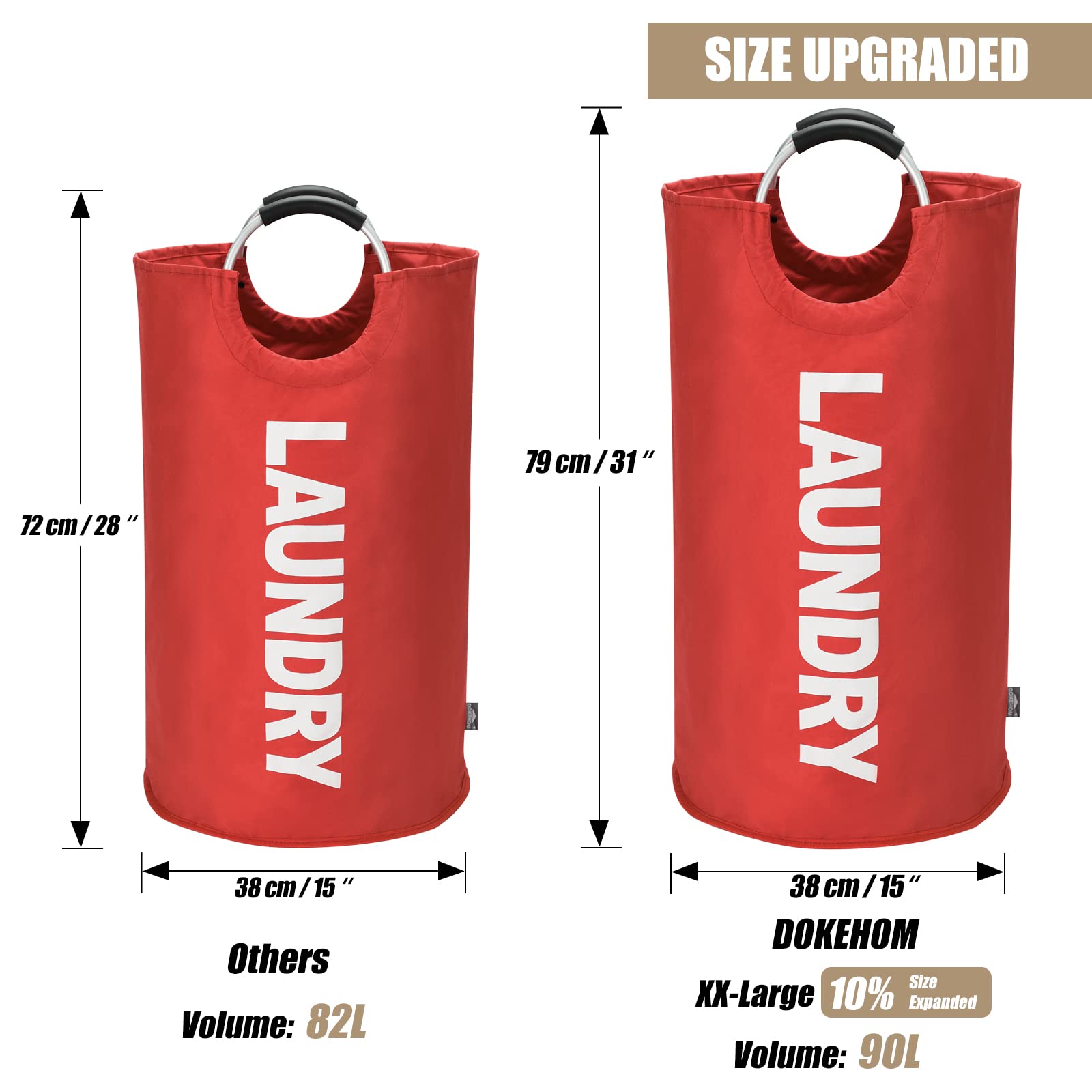 DOKEHOM 90L Large Laundry Basket  collapsible Laundry Bag  Freestanding Tall clothes Hamper  Foldable Washing Bin (Red)