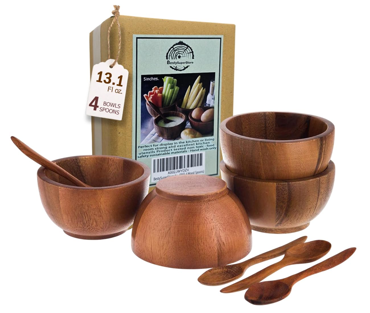 Bestysuperstore Acacia 5'' Round Wooden Bowls, Small Wood Bowl For Soup, Side Dish, Salad Dressing, Dip Sauce, Nuts, Candy, Frui