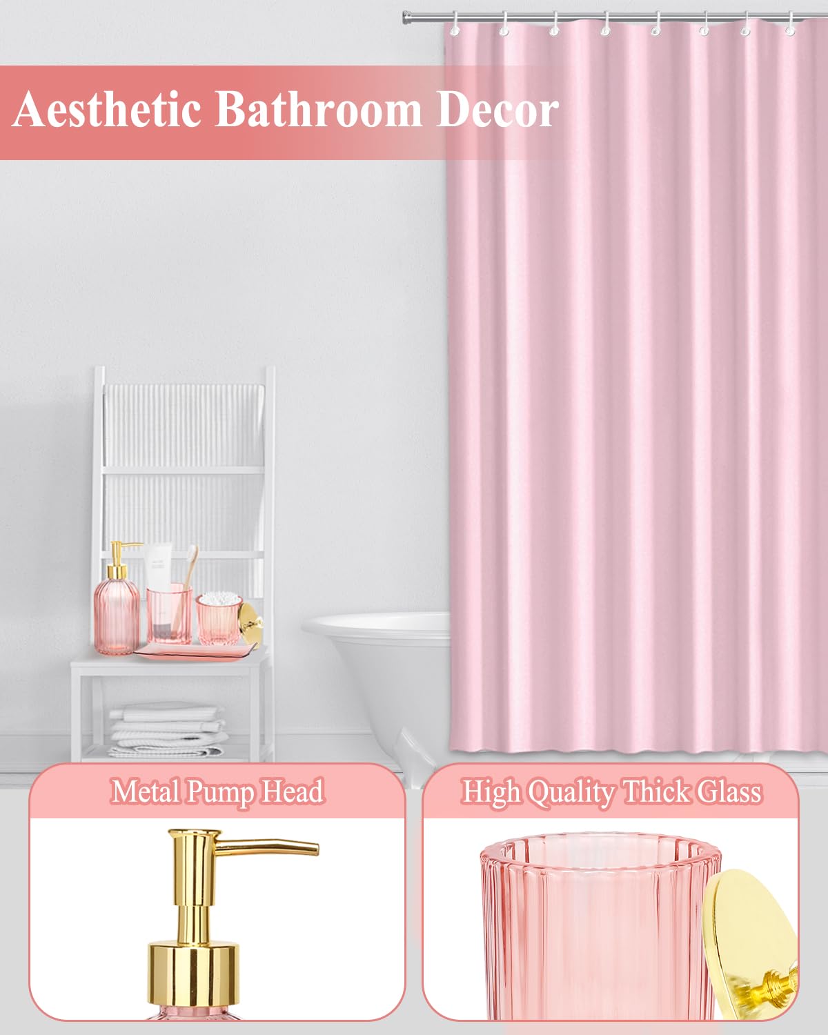 Bathroom Accessories With Shower Curtain,Pink Glass Bathroom Accessory Sets Of Soap Dispenser, Toothbrush Holder, Apothecary Jar