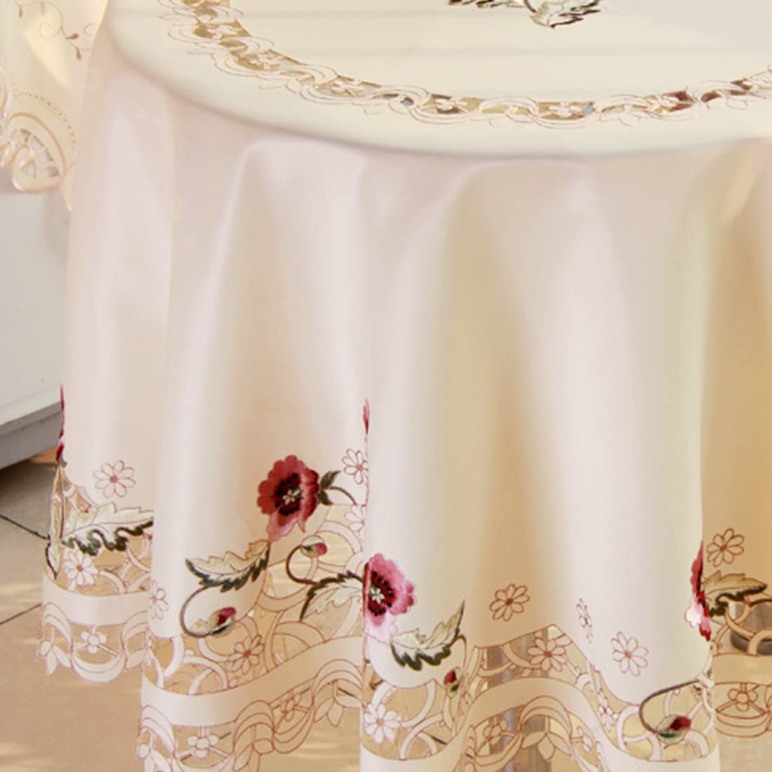 Lelehome 68'' Round Rufous Flower Embroidered Lace Cream Beige Tablecloth, Vintage Classic Dining Table Cloth Wrinkle Free Table