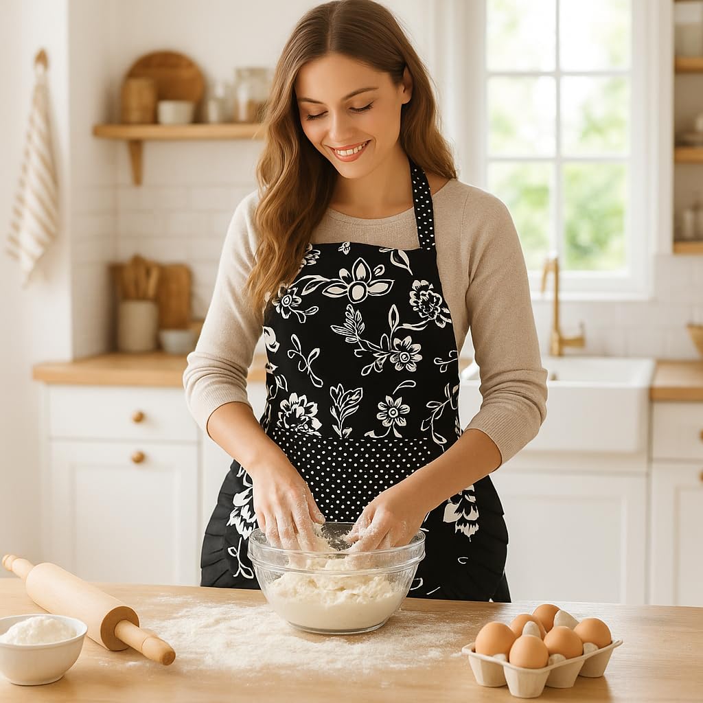 G2PLUS Cotton Floral Apron for Women, Extra Long Ties, 29x21 inch, Black, Model COMINHKPR108433, Ideal for Cooking, Baking, Gardening