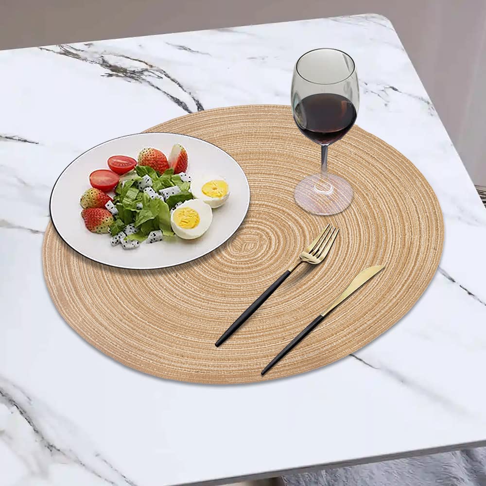 Homedge Round Placemat, Set Of 4 Braided Washable Table Mats 15 Inches-Linen Yellow