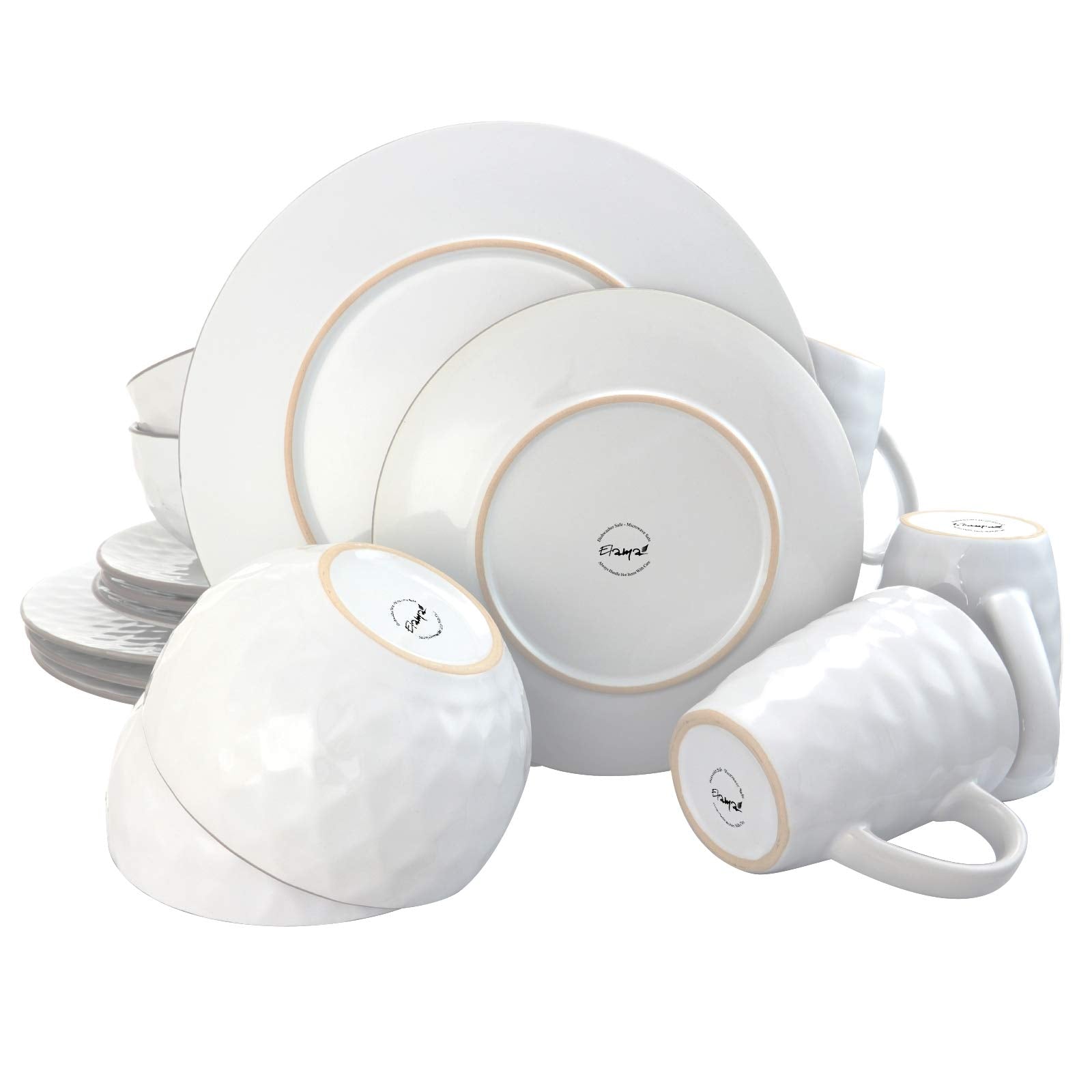 Elama Round Stoneware Pearl Collection Dinnerware Dish Set, 16 Piece, White