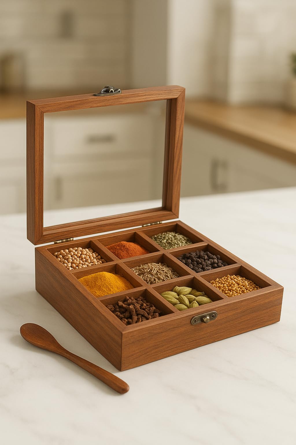 Ud Fur Niture Rosewood Wooden Spice Box For Kitchen  Handmade Masala Dabba Organizer With Spoon & 9 Spices Containers For Kitch