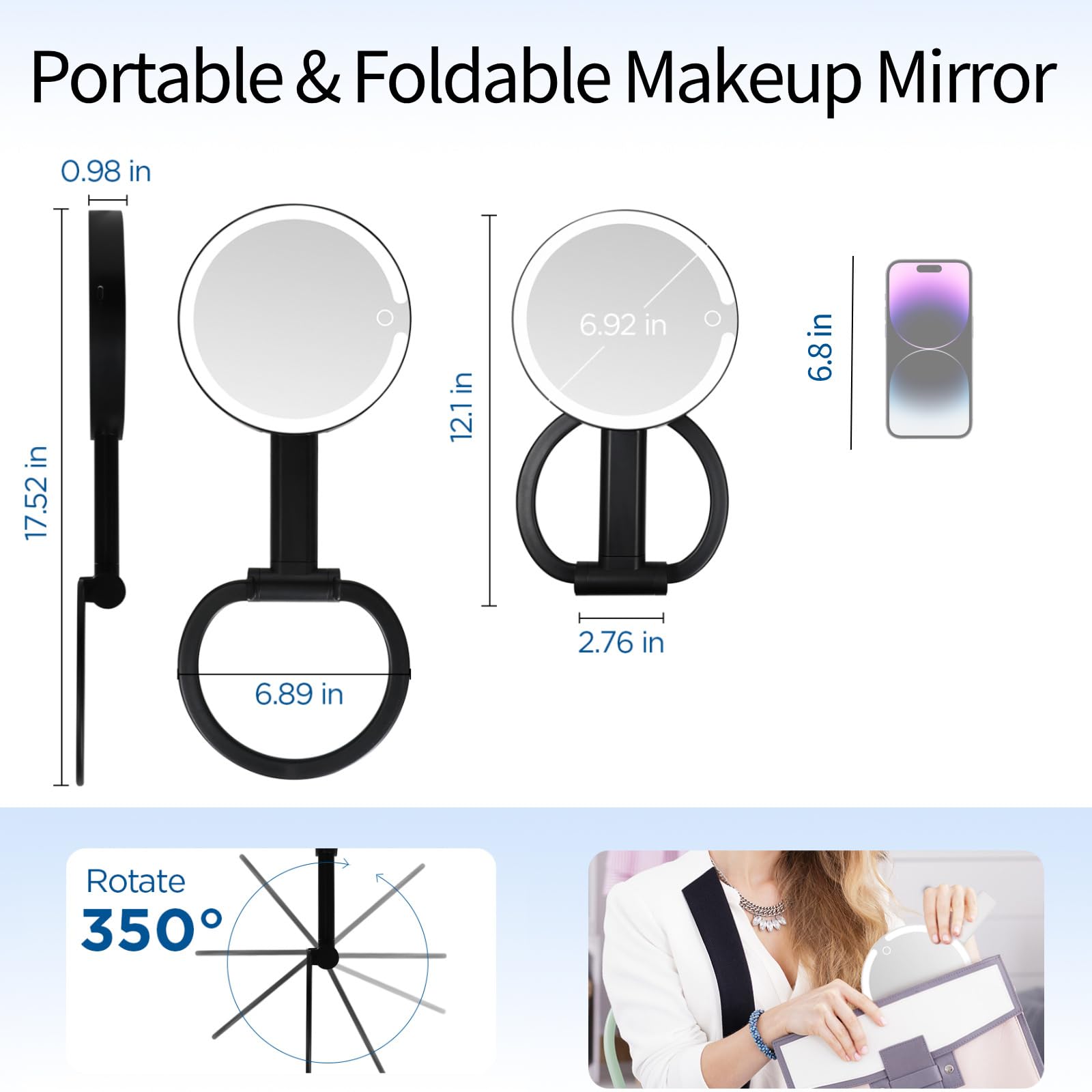 SANYCASA Makeup Mirror with Lights, Magnifying Mirror with Light and Adjustable Brightness, Hanging and Handheld Mirror with Han