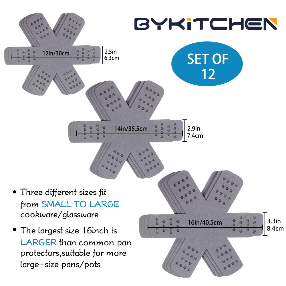 BYKITCHEN Pan Protectors Set of 12, Gray Premium Felt Pads for Stacking and Protecting Cookware, 3 Sizes Included
