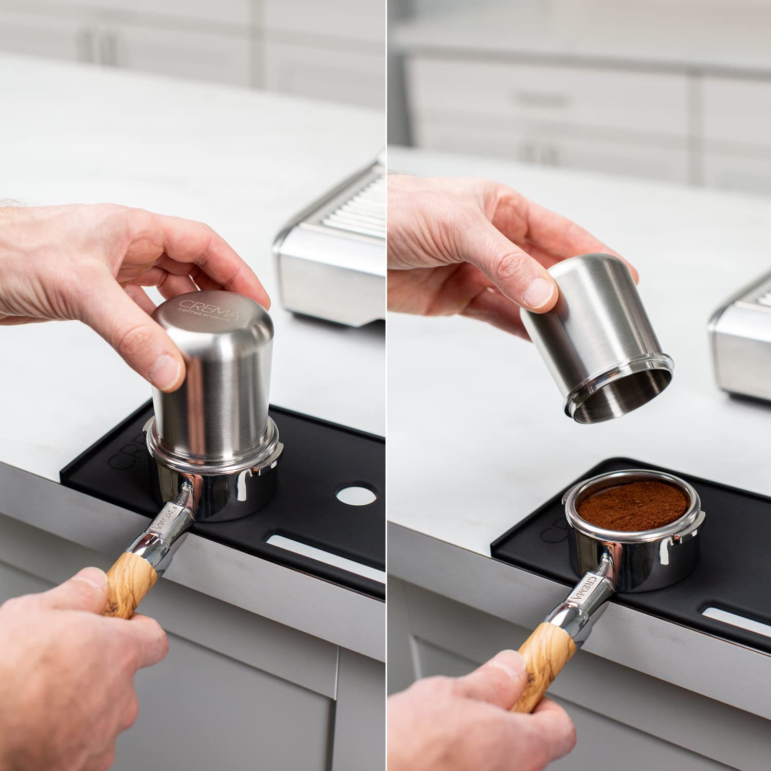 Silver 58Mm Dosing Cup | White | 100% Stainless Steel | Espresso Coffee Dosing Cup | Crema Coffee Products