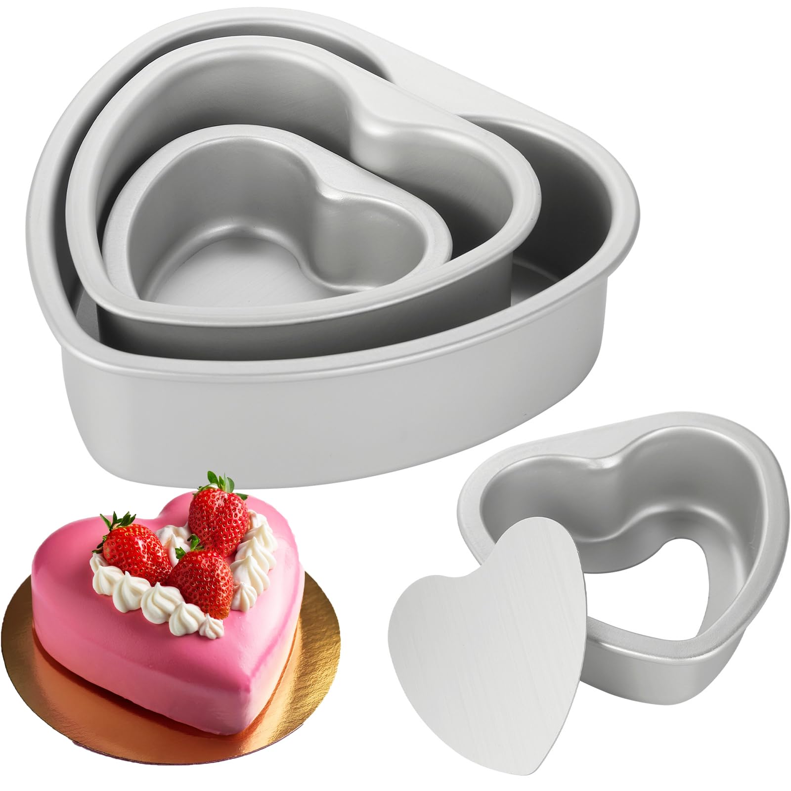 Youeon 3 Pcs Aluminum Heart Shaped Cake Pans With Removable Bottom, 4/6/8/ Inch Nonstick Heart Cake Pan Baking Molds, Cheesecake