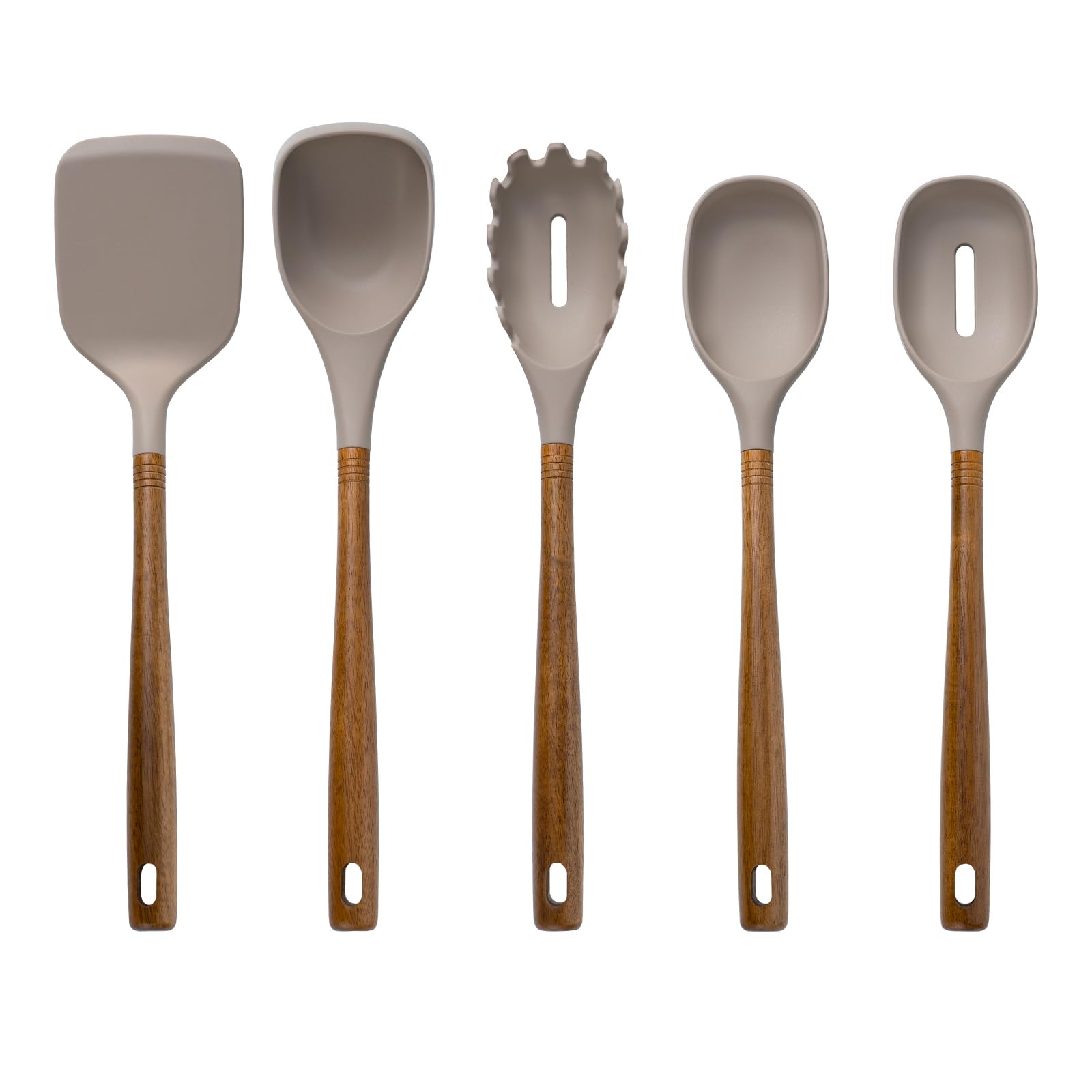 5Piece Silicone Kitchen Utensil Set with Acacia Wood Handles, Brown