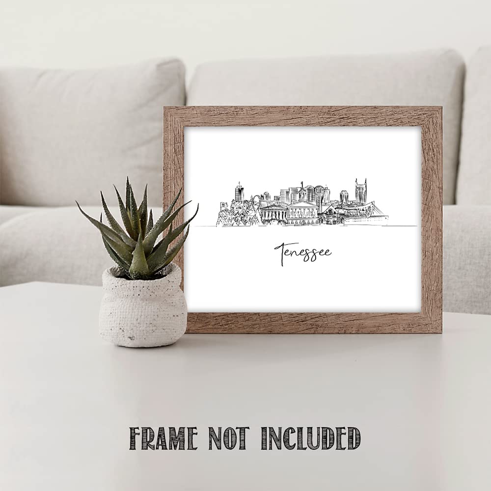 Tj Originals - Tennessee City Skyline Landscape Hand Illustrated Wall Art Decor - Unframed 11 X 14 Black & White Print - Anniver