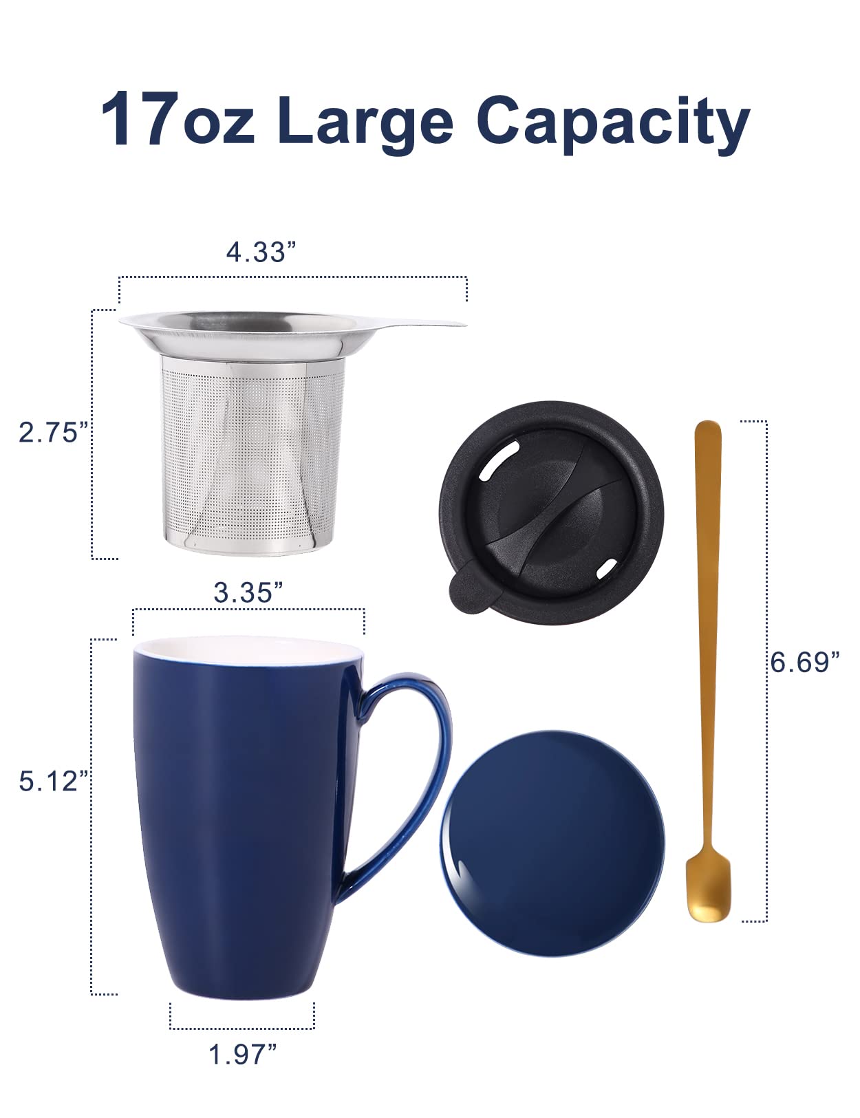 Yumkubis Tea Cup With Infuser And Lid, 17 Oz Large Tea Infuser Mug With 2 Lids, Ceramic Teacups For Women, Men, Kids, Loose Leaf