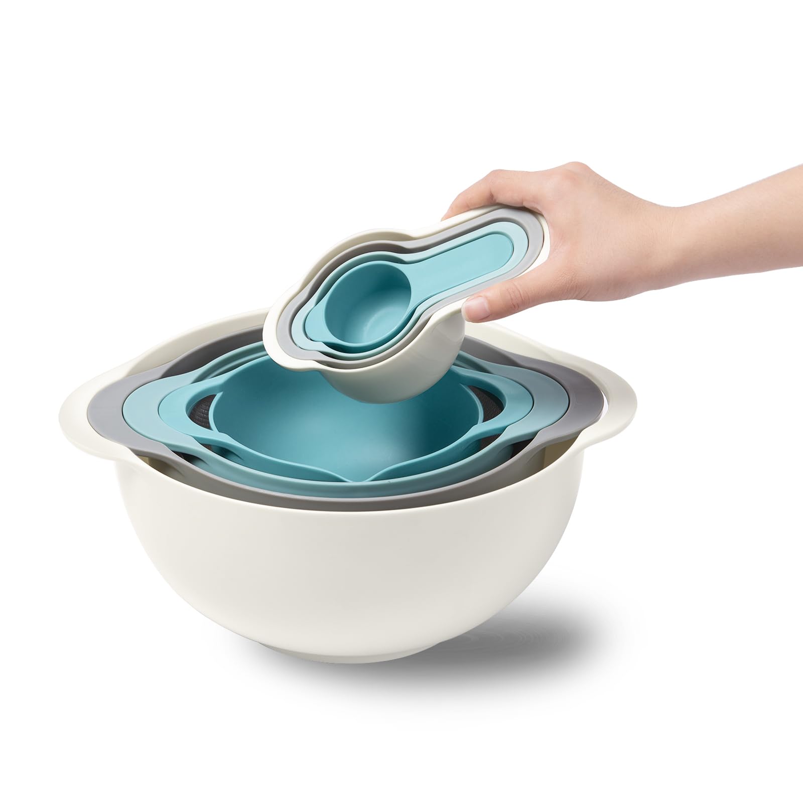 Mixing Bowls For Kitchen, 13 Piece Plastic Mixing Bowls Set Includes 2 Mixing Bowls, 1 Colander, 1 Sifter, 4 Measuring Cups, 5 K