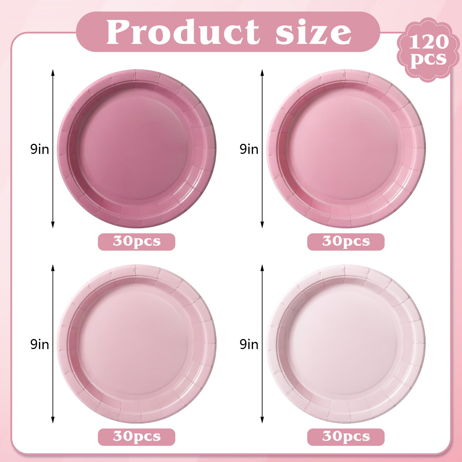 Xiangqu 120 Pcs Dusty Pink Paper Plates,9 Inch Pink Baby Shower Plates Gradient Pink Plates Valentines Plates Pink Dessert Plate