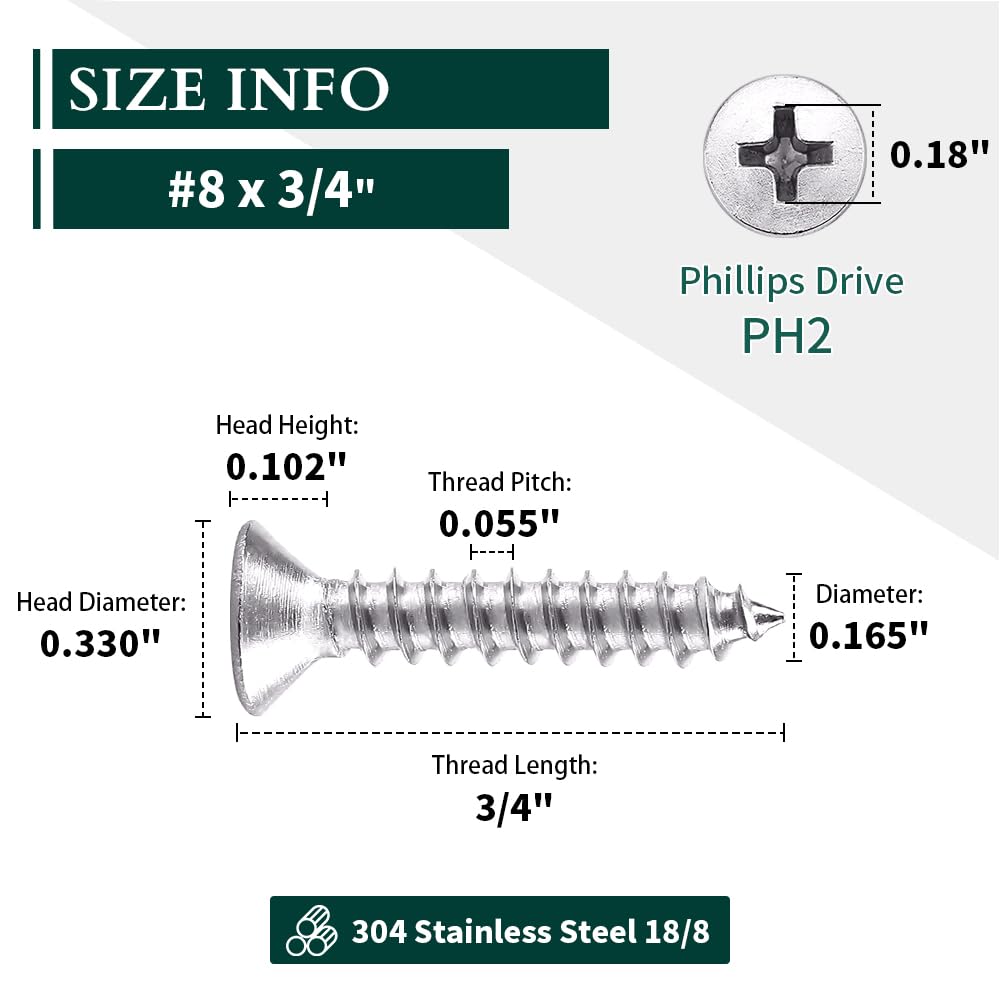 8 X 34 Flat Head Sheet Metal Screws Phillips Drive Wood Screws, 304 Stainless Steel 18-8, Self Tapping, Pack Of 100