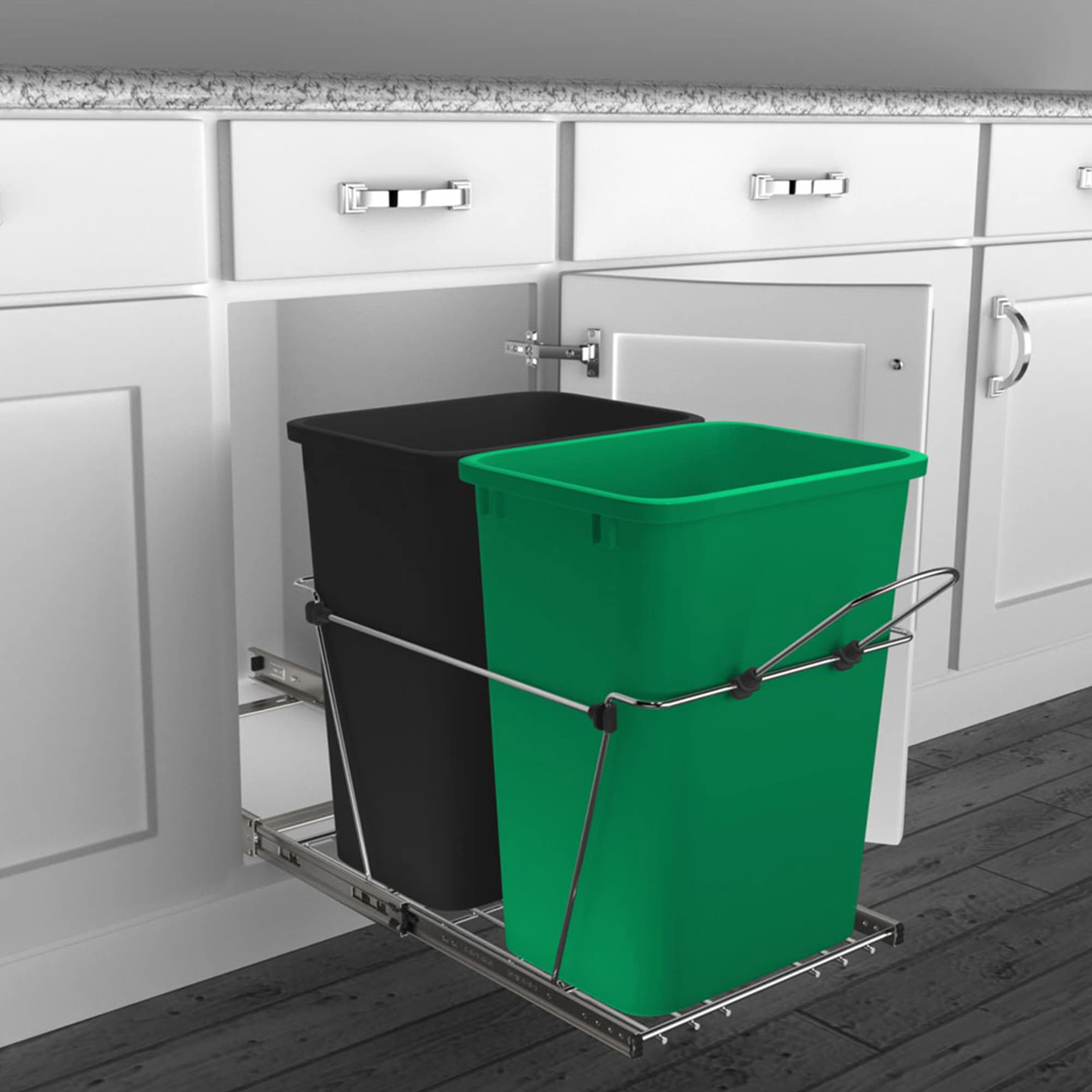 Rev-A-Shelf Double Pullout Trash Can For Under Kitchen Cabinets 35 Quart 12 Gallon Garbage Bin Container On Full Slides, Green/B