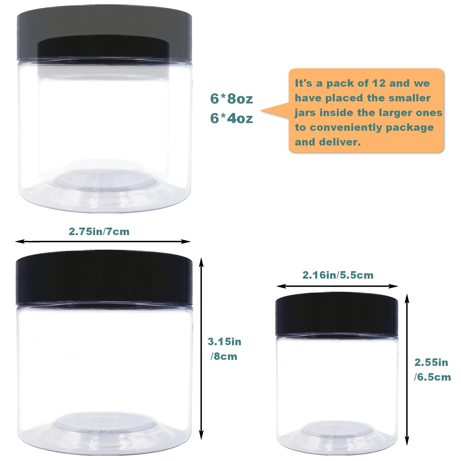 8 Oz Plastic Containers With Lids And 4Oz Small Containers With Lids (Set Of 12) Plastic Jars With Lids Cosmetic Jar For Body Bu