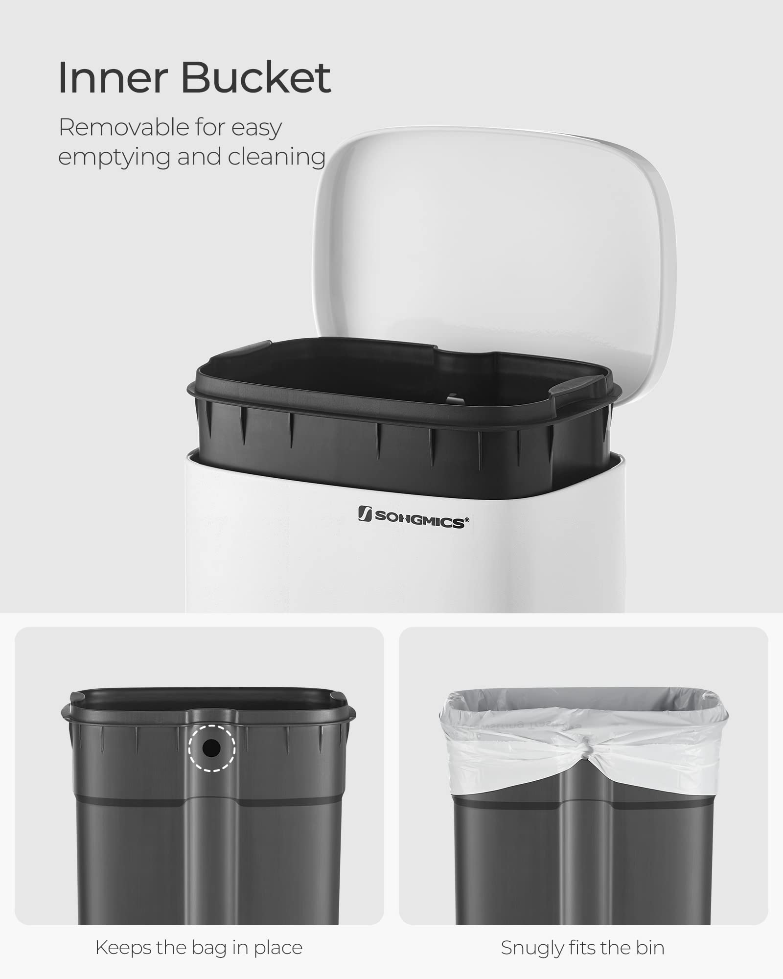 Songmics 8-Gallon Trash Can, Stainless Steel, With Hinged Lid, Plastic Inner Bucket, Soft Closure, Odor Proof, Hygienic, White