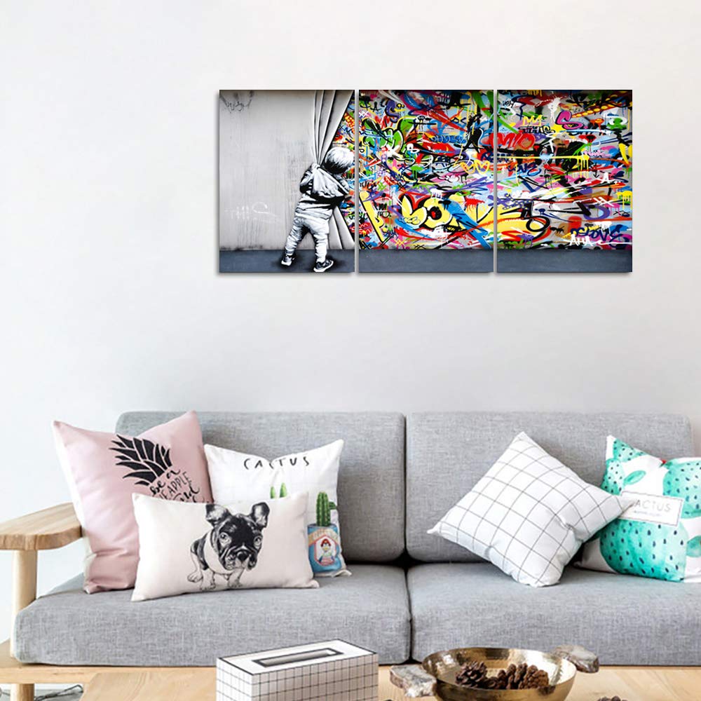 Mamago Colorful Wall Art Graffiti Behind The Curtain Banksy Canvas Prints Poster Classic Painting Street Pop Decor Framed Modern