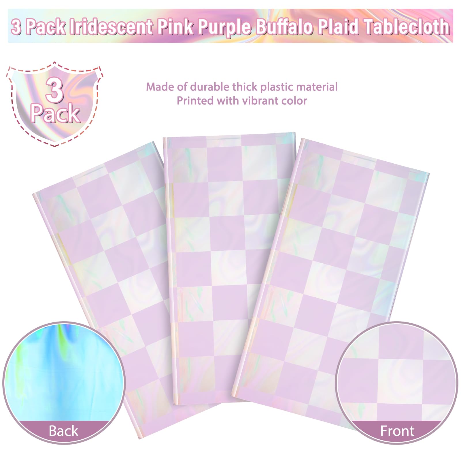 3Pack Iridescent Checkered And Purple Plastic Tablecloths Shiny Disposable Laser Rectangle Table Covers Holographic Foil Tablecl