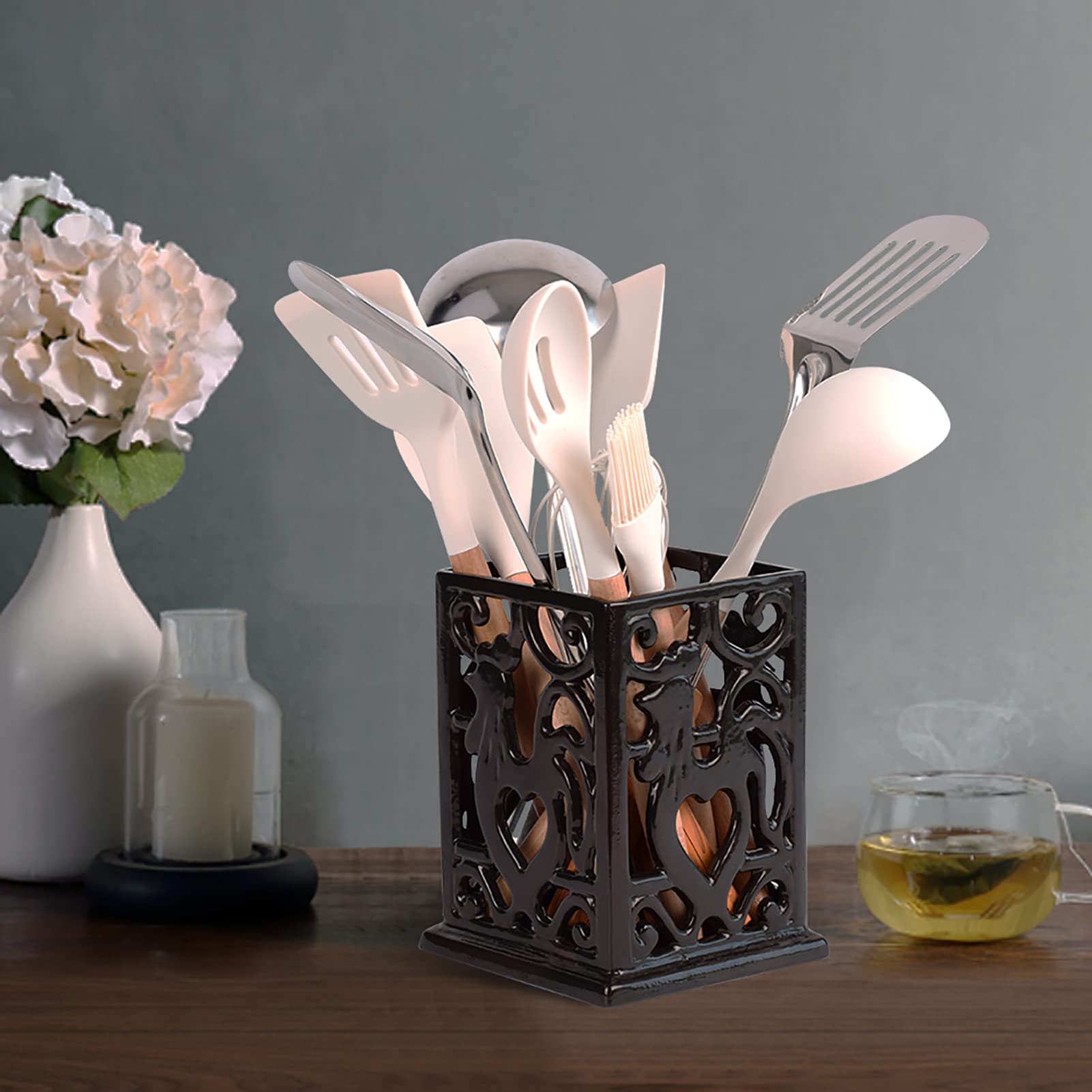 Minluful Vintage Utensil Holder For Countertop, Robust Cast Iron Utensil Holder For Kitchen Counter Cooking Tools Crock Spoon An