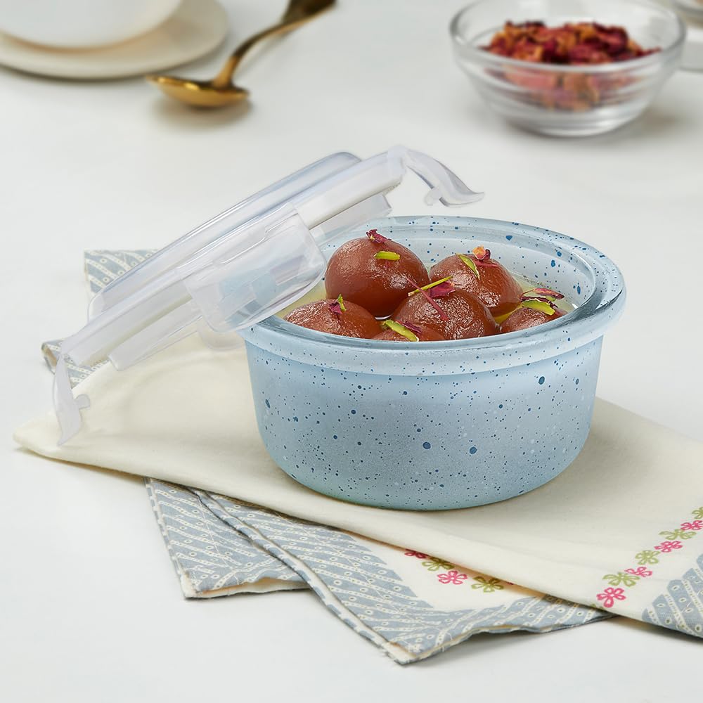 Borosil 240 Ml Blue Food Storage Container With Air Tight Lid | Round Shape Borosilicate Glass Organiser | Microwave & Dishwashe