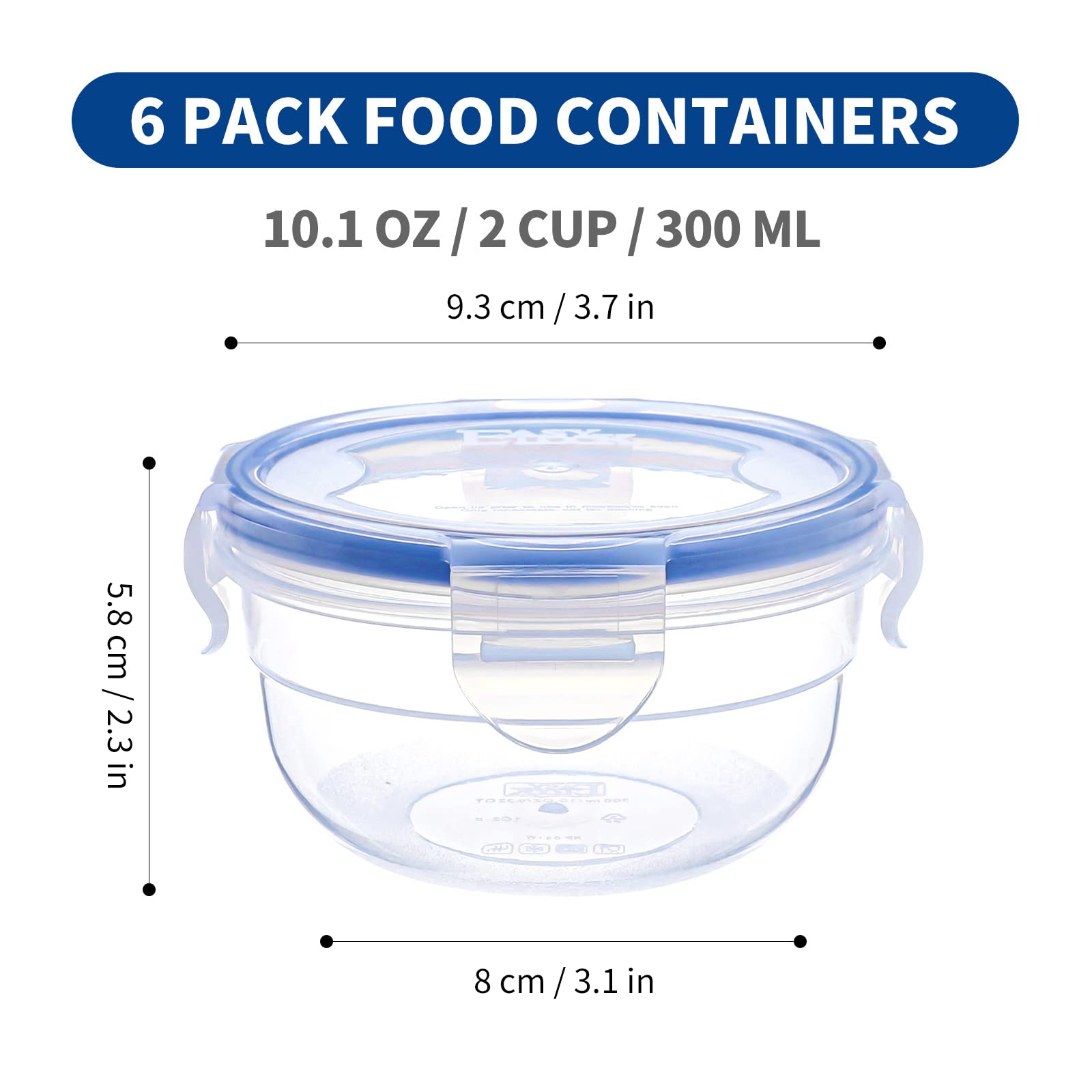 Kigi 6 Pack 10Oz Plastic Round Bowls With Lid Airtight Food Storage Container Set Small Meal Prep Containers Bento Box
