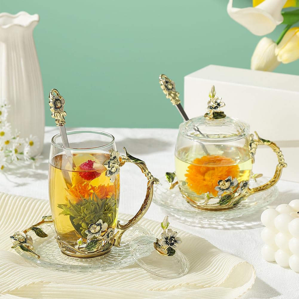 LANTREE Unique Tea Cups Mother's Day Gift Enamels Flower Glass Coffee Mug with Spoon Jasmine Cups Birthday Christmas Gift for Wo