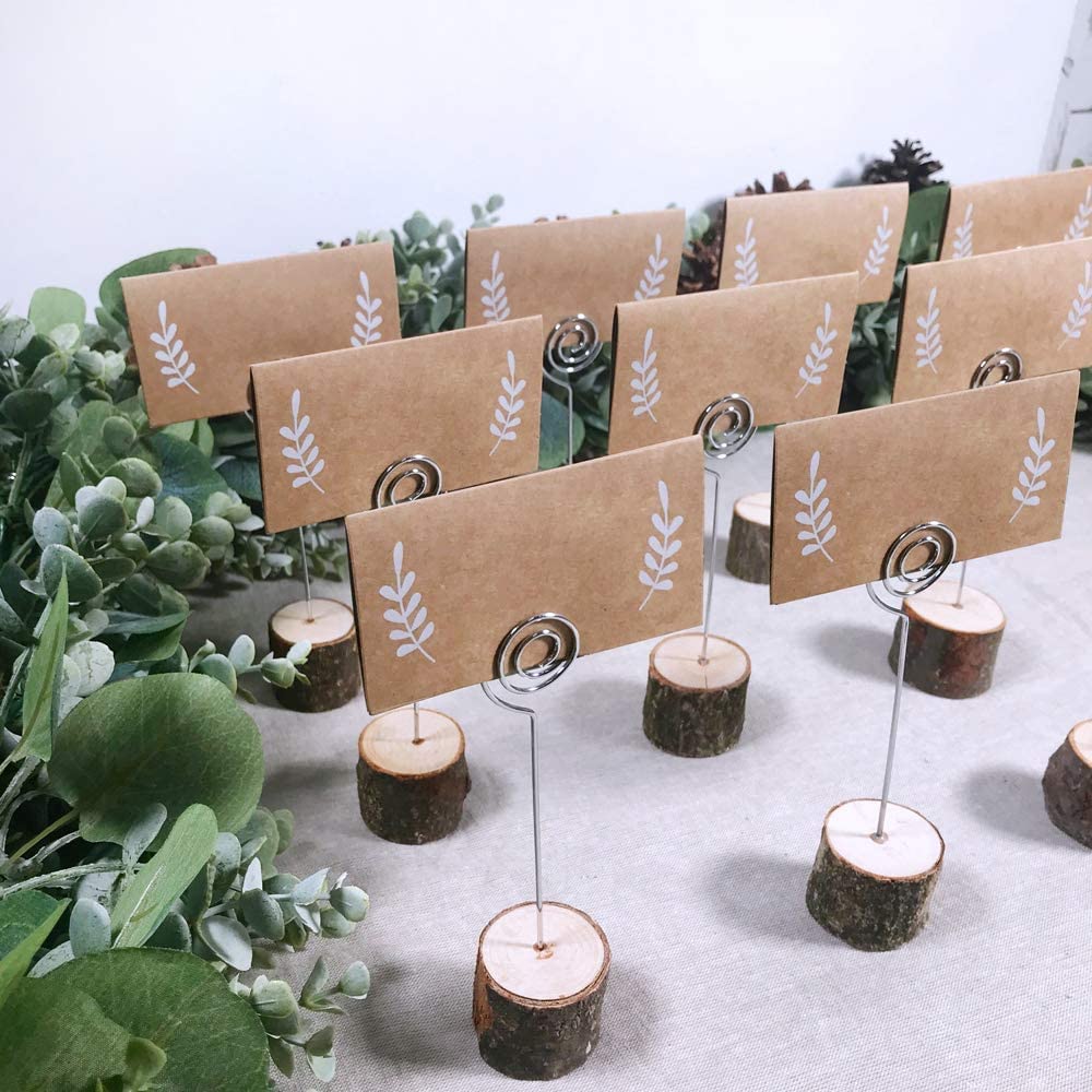 30 Pcs Rustic Wood Place Card Holders With Swirl Wire Wooden Bark Memo Holder Stand Card Photo Picture Note Clip Holders 5.8'' A