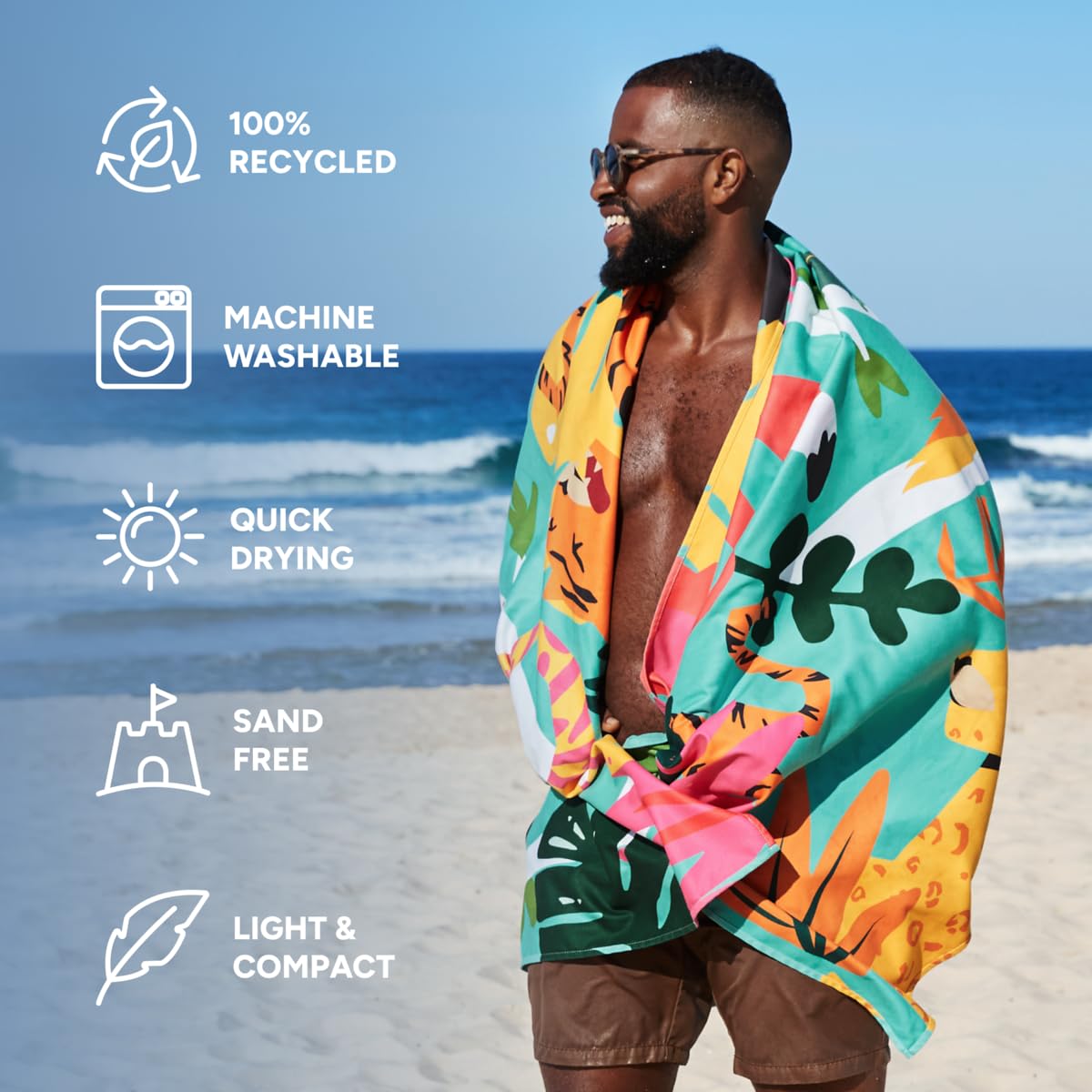 Dock & Bay Beach Towel - Quick Dry, Sand Free - Compact, Lightweight - 100% Recycled - Includes Bag - Wild Things - Extra Large