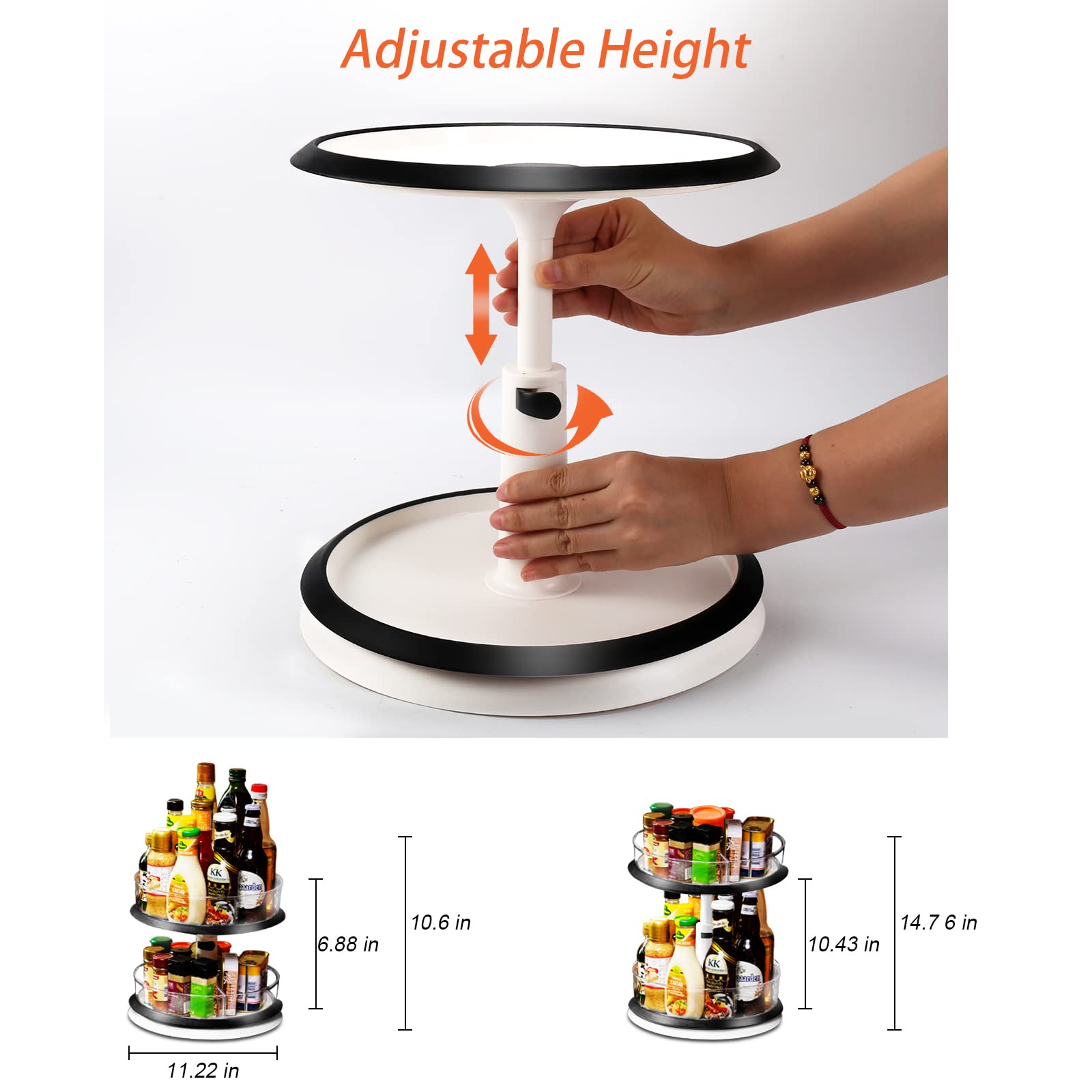 2 Tire Turnable Organizer,11 Inches Clear Organizer,Height Adjustable Rotating Cabinet Organizer,Non-Skid Spice Rack for Kitchen