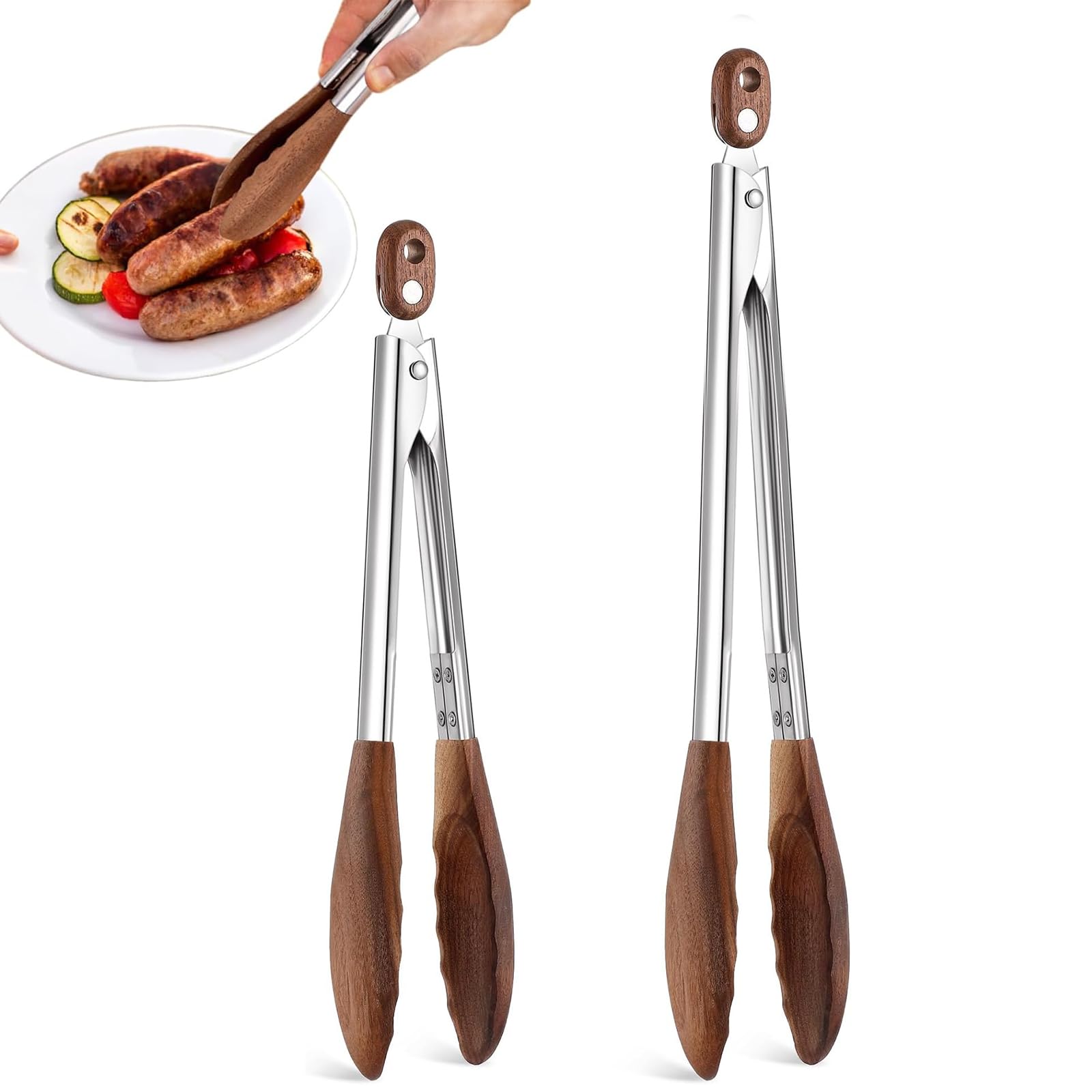 Wooden Tongs for Cooking & Serving Food, Stainless Steel Salad Tongs with Walnut Wood Tip, AntiSlip Long Handle Wooden Kitchen 