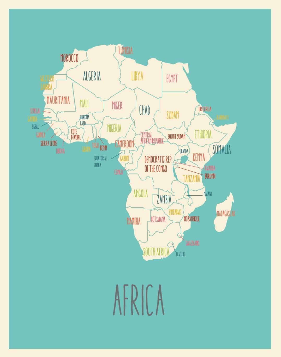 Africa Wall Map Poster (11 '' X 14 '') Blue And Off White - Detailed Map Of Africa With All African Countries - Modern Africa Tr