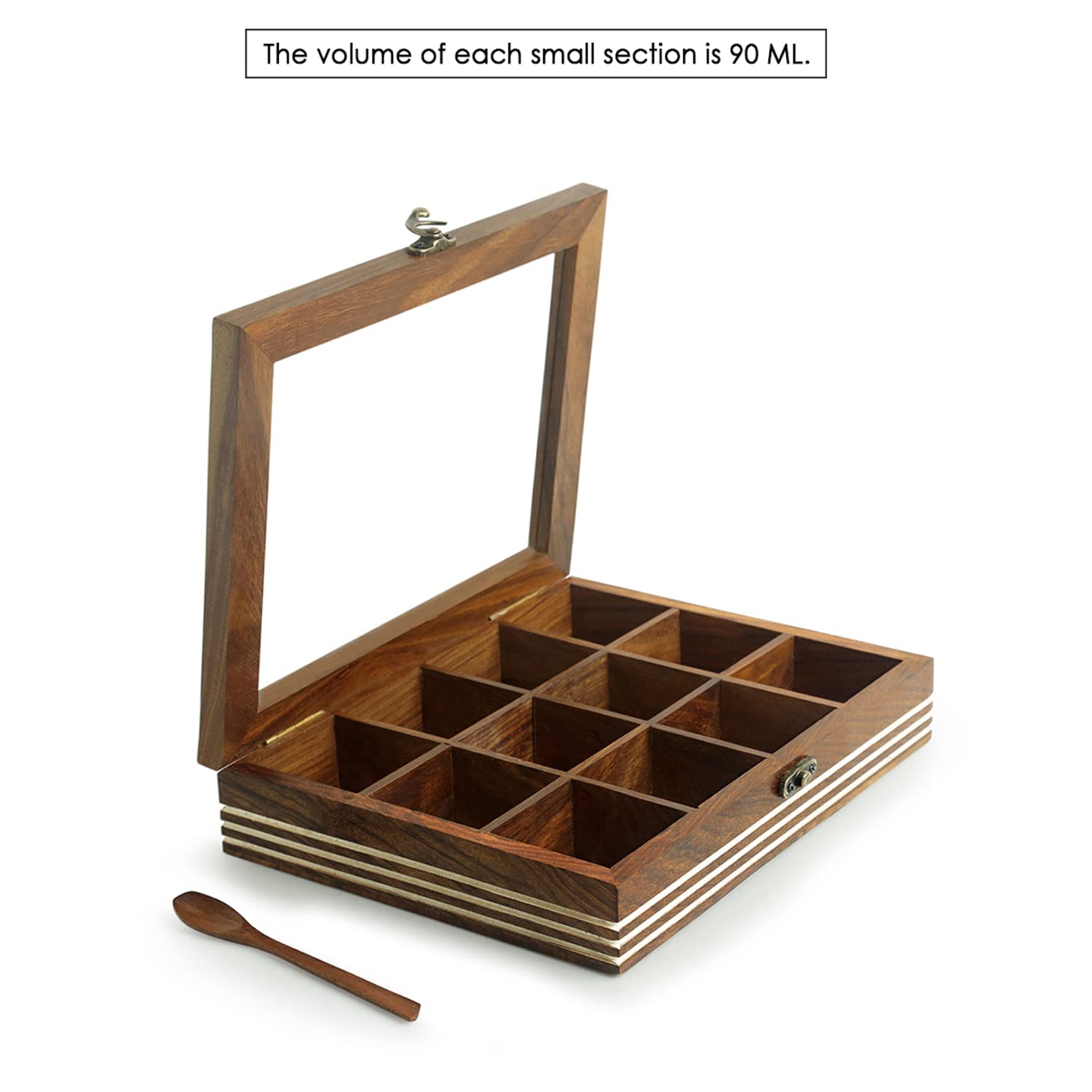 ExclusiveLane Wooden Indian Spice Box With Spoon (12 Compartments, 90 ML Each) - Masala Dabba Wooden Masala Box Namak Daani Shee