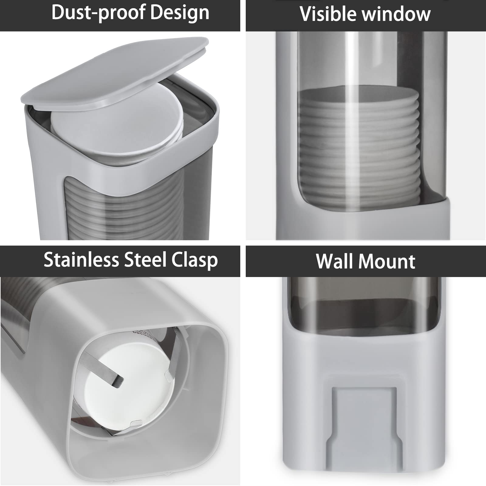 EOFJRUC Wall Mounted Bathroom Cup Dispenser for 3oz-5oz Cups, Gray Plastic, Model CD-gray, Adhesive/Screw Mount, Ideal for Home, Office, Gym