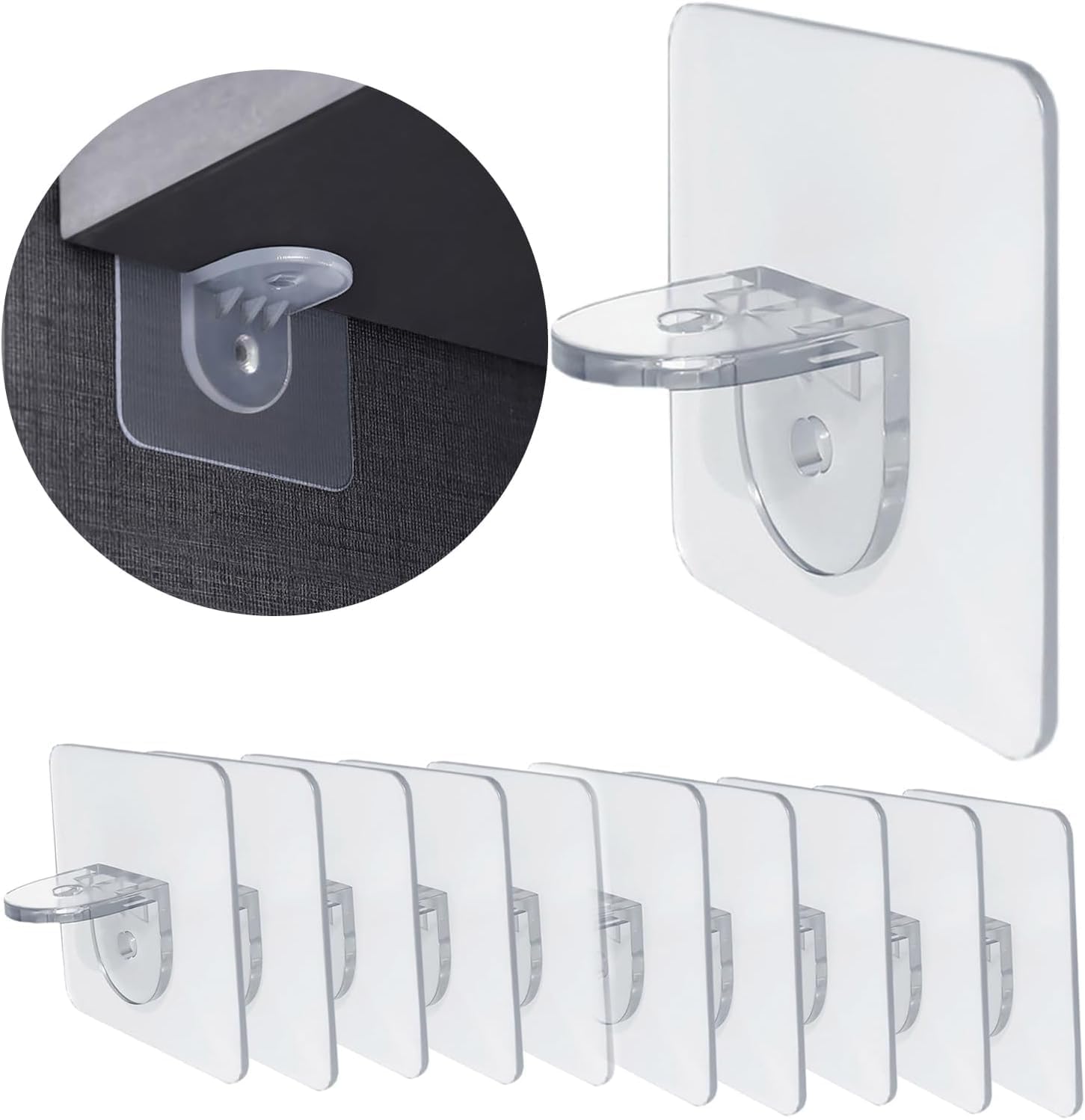 Shivstor 10 Pack Self Adhesive Magic Sticker Transparent Panel Support Hooks Strong No Drill Shelf Holder Nail Free Cabinet Book