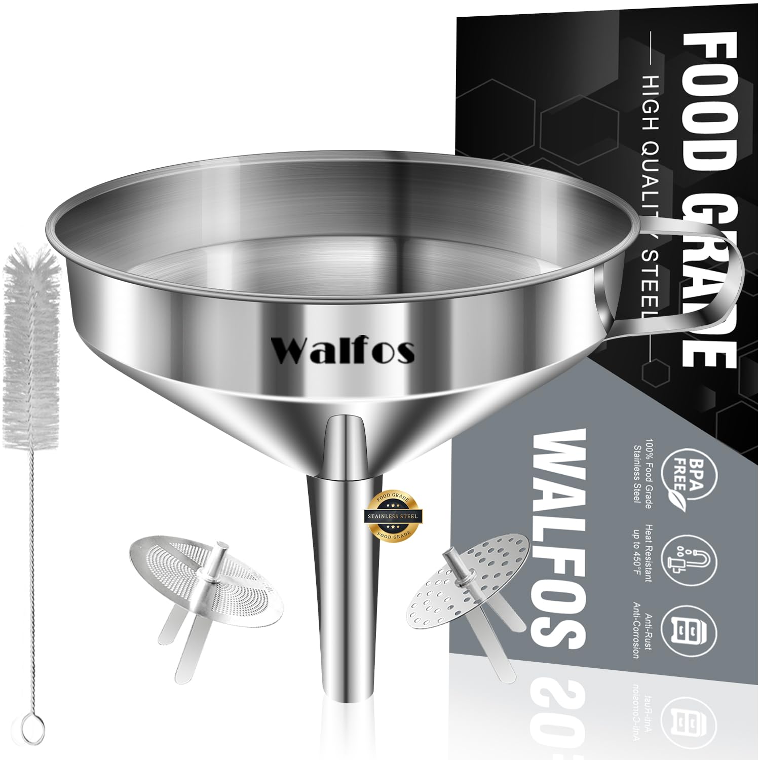 Large Stainless Steel Funnel, Walfos Kitchen Funnel With 2 Removable Strainer & 1Pc Cleaning Brush, Perfect For Transferring Of