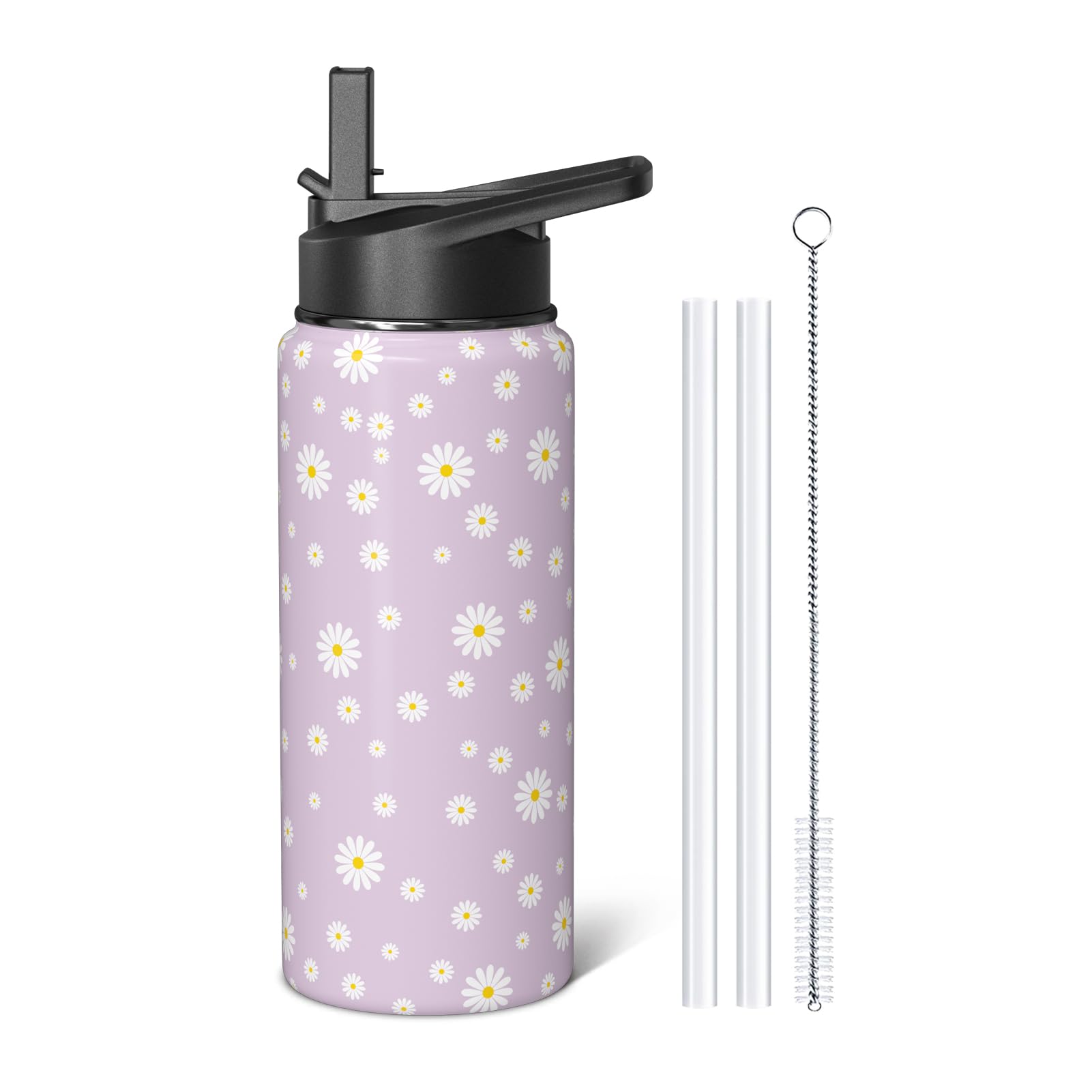 Aokoyi Lavender Daisy Floral 18oz Sport Water Bottle with Flip Straw & Lid